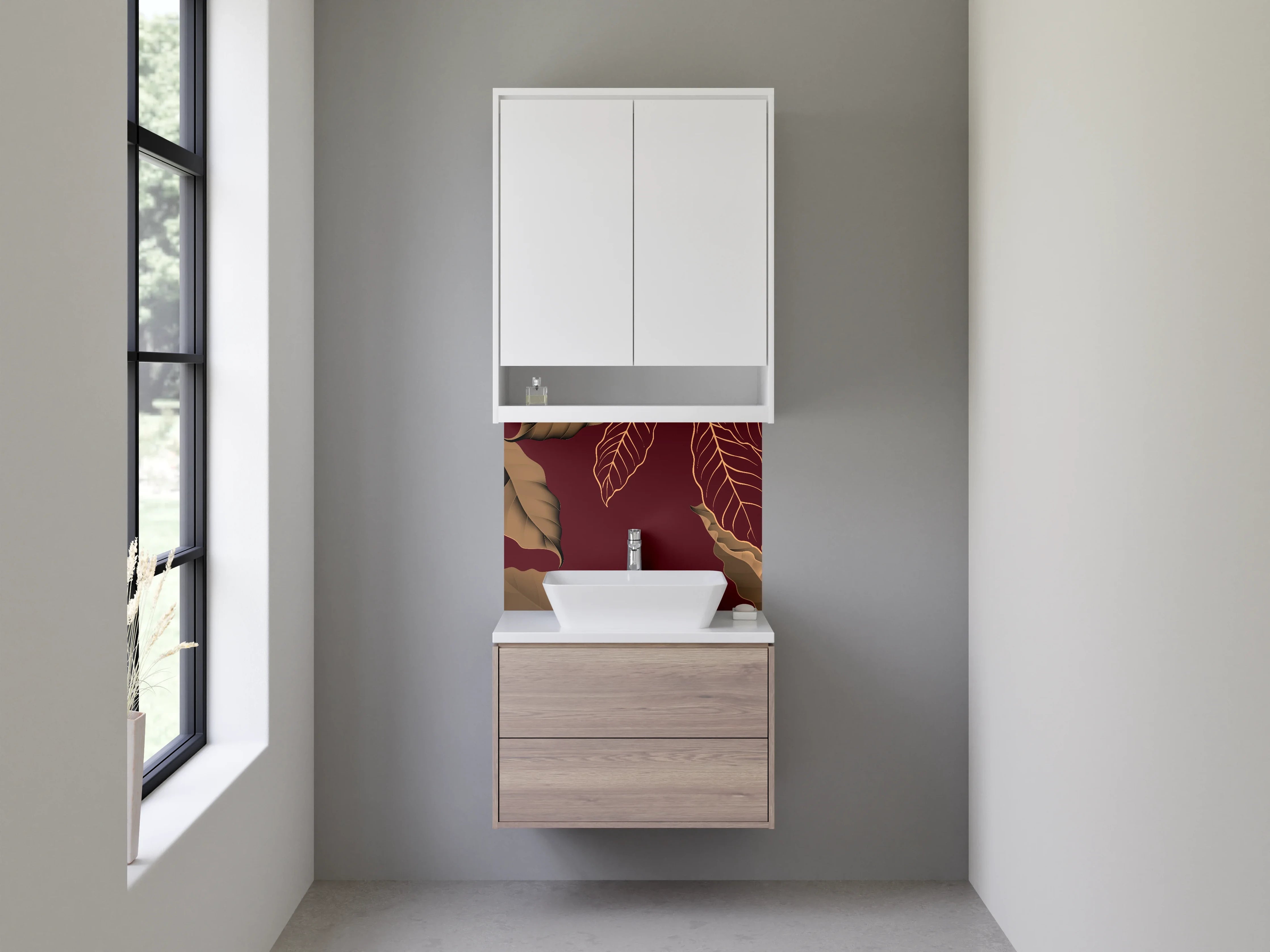 Waschbecken-Rückwand - Elegante florale Blätter auf Bordeaux