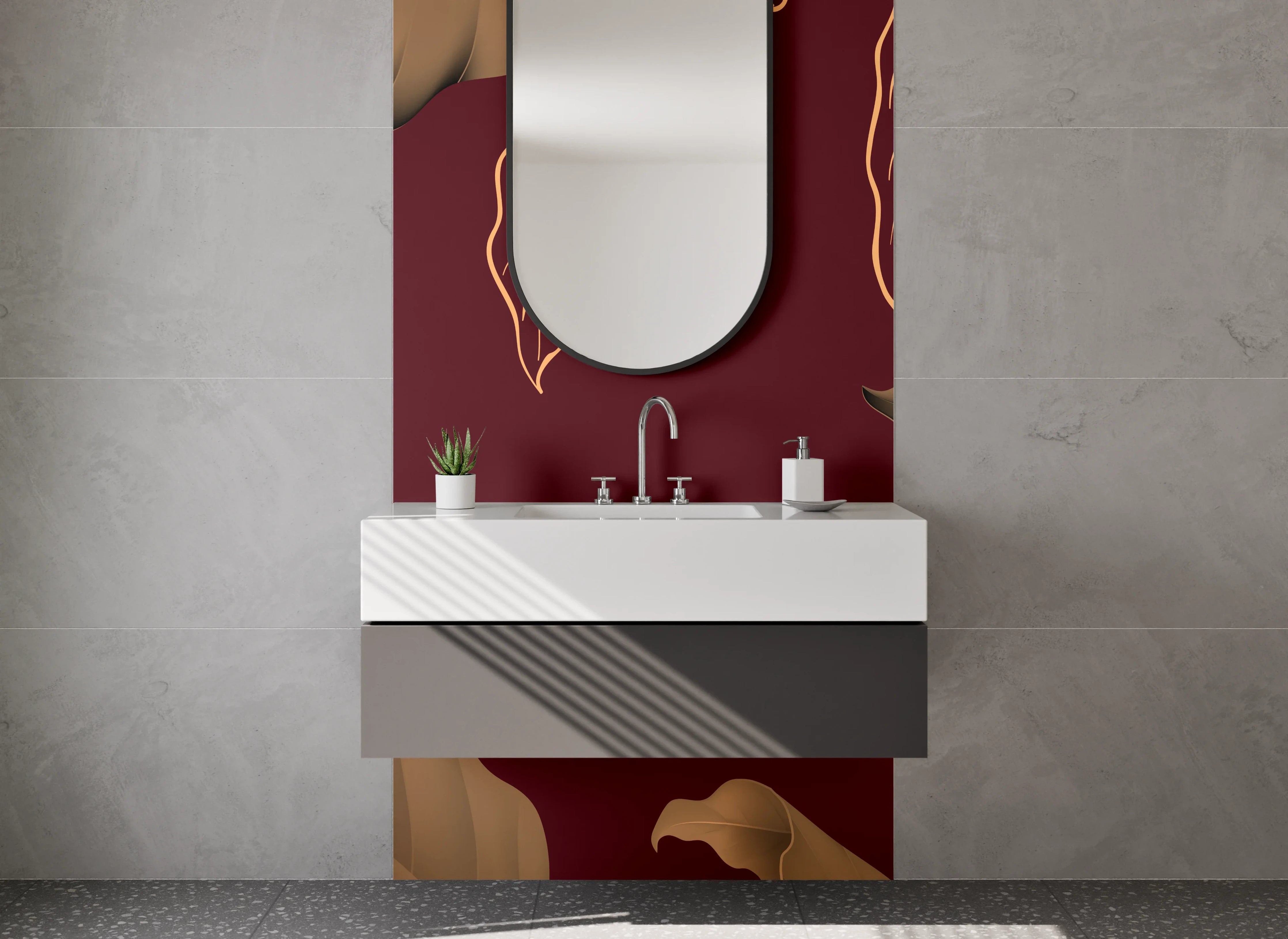 Waschbecken-Rückwand - Elegante florale Blätter auf Bordeaux