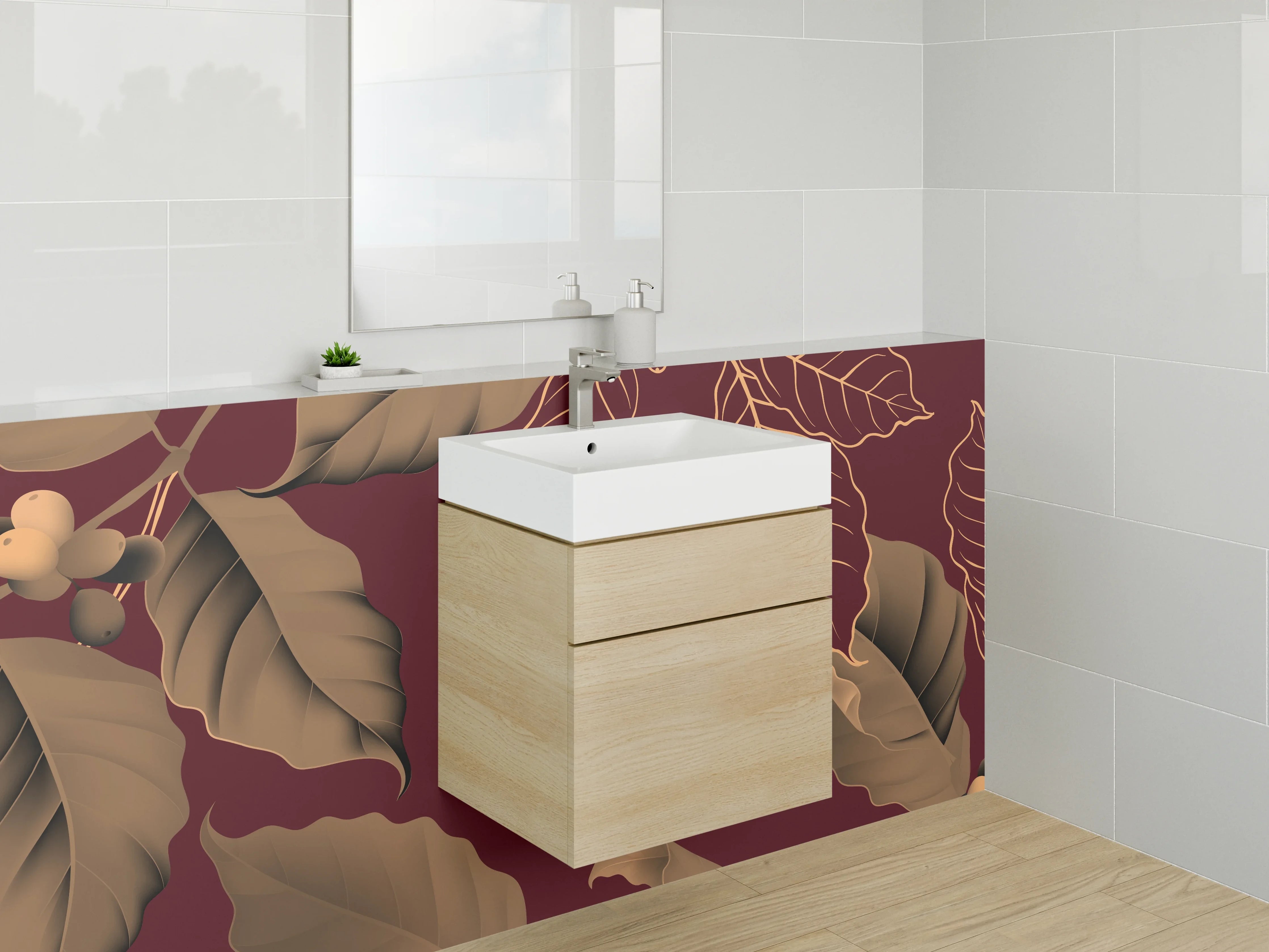Waschbecken-Rückwand - Elegante florale Blätter auf Bordeaux