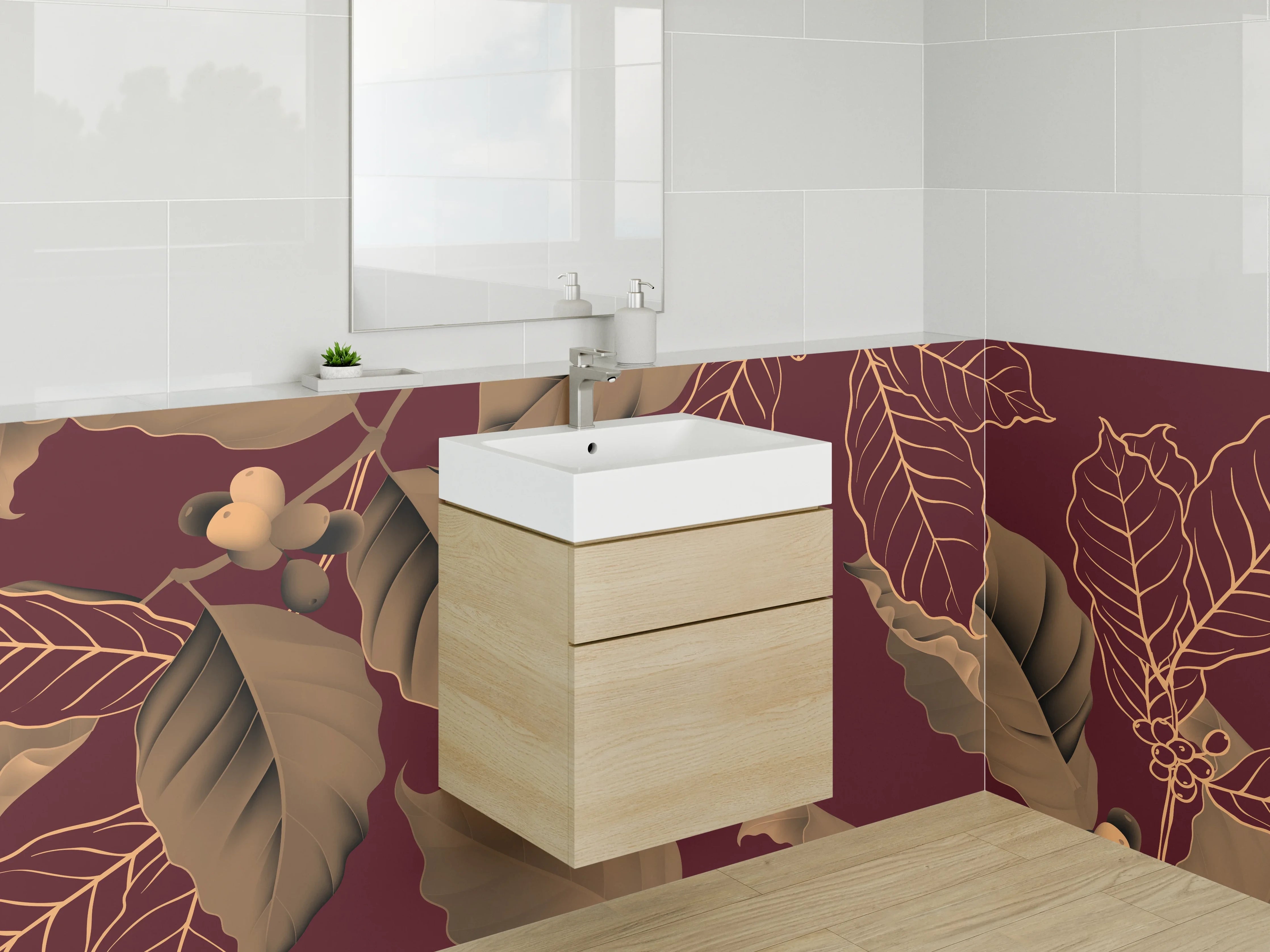 Waschbecken-Rückwand - Elegante florale Blätter auf Bordeaux