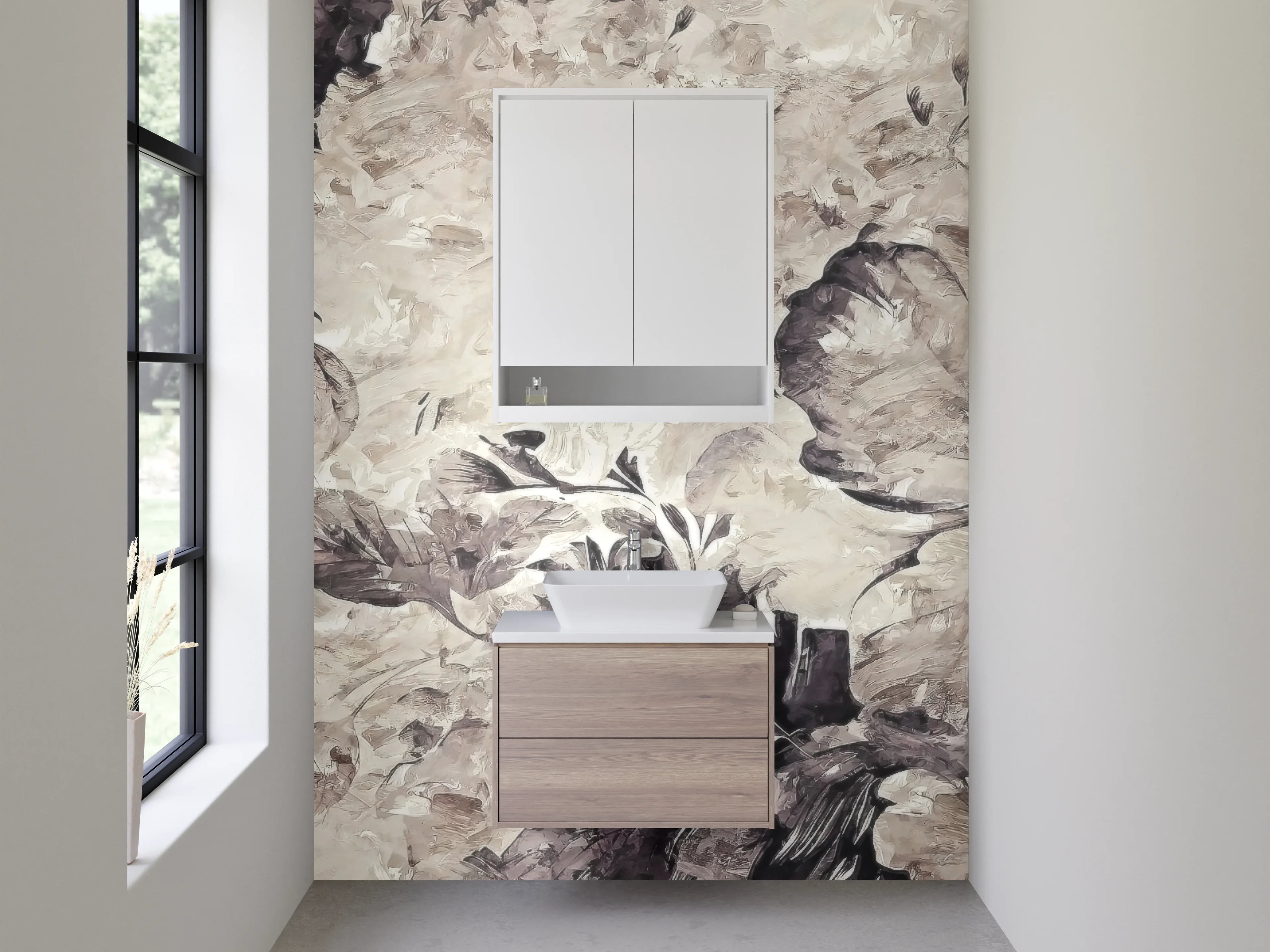 Waschbecken-Rückwand - Elegante florale Kunst in Grau-Beige