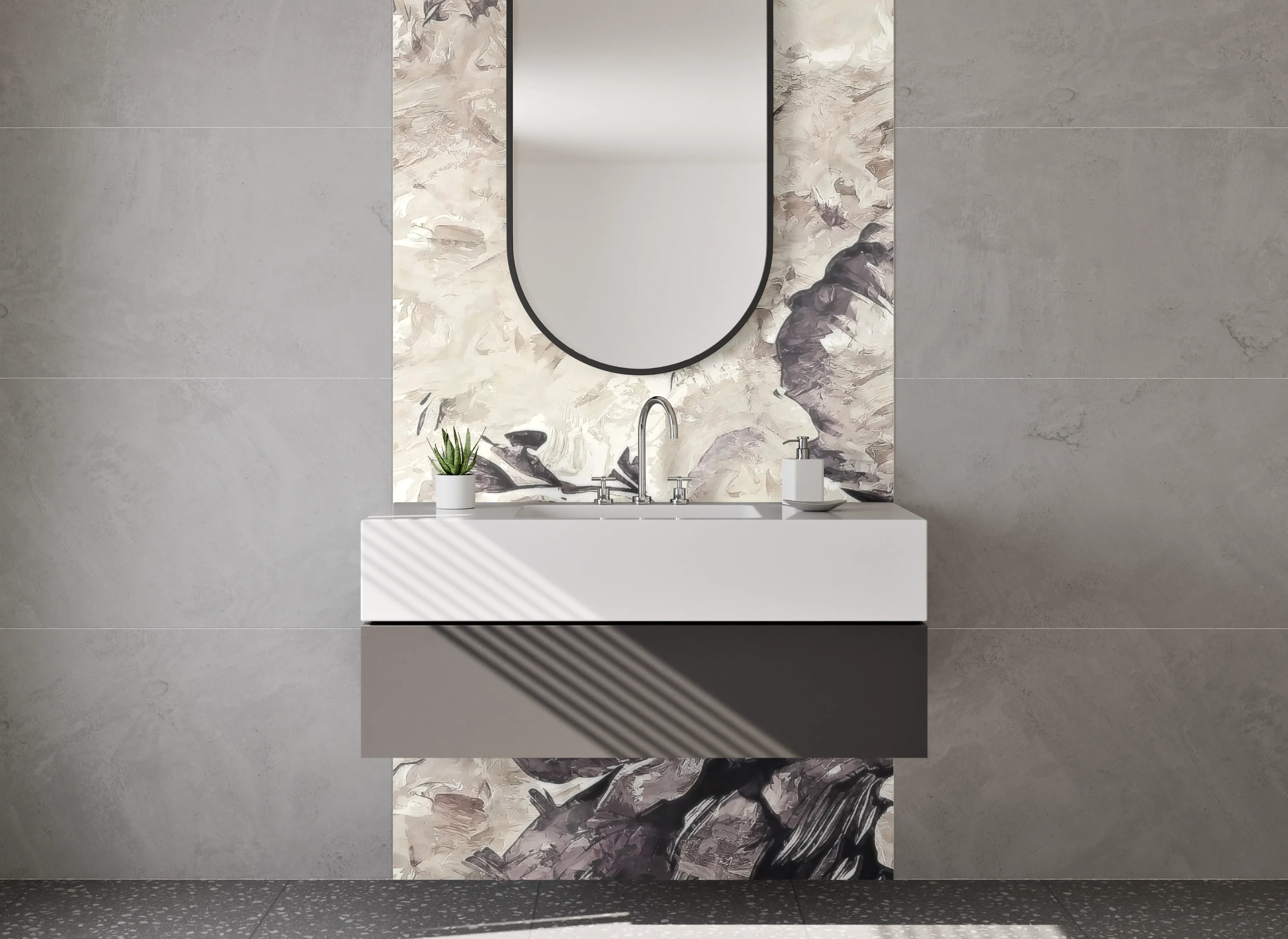 Waschbecken-Rückwand - Elegante florale Kunst in Grau-Beige
