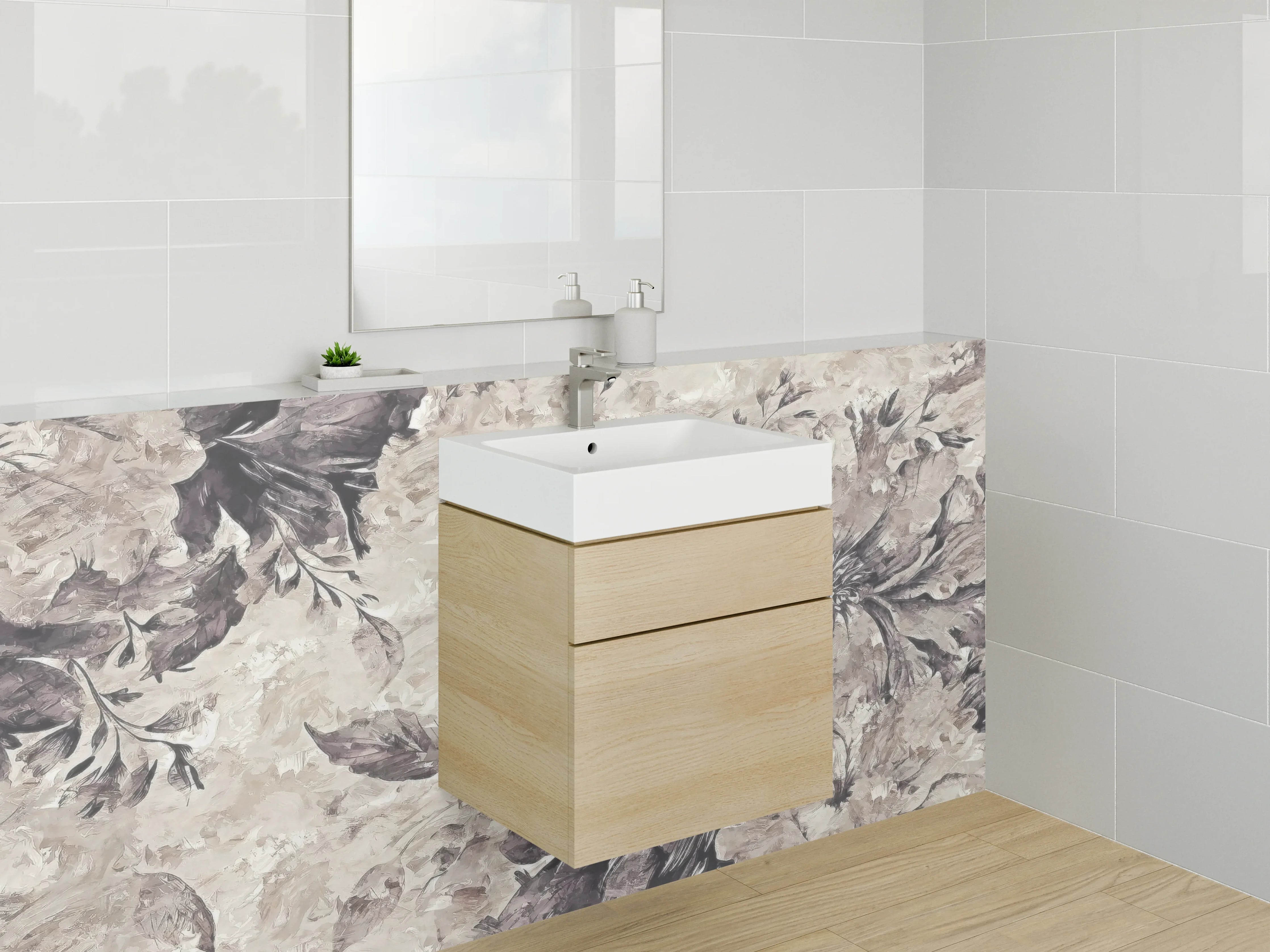 Waschbecken-Rückwand - Elegante florale Kunst in Grau-Beige