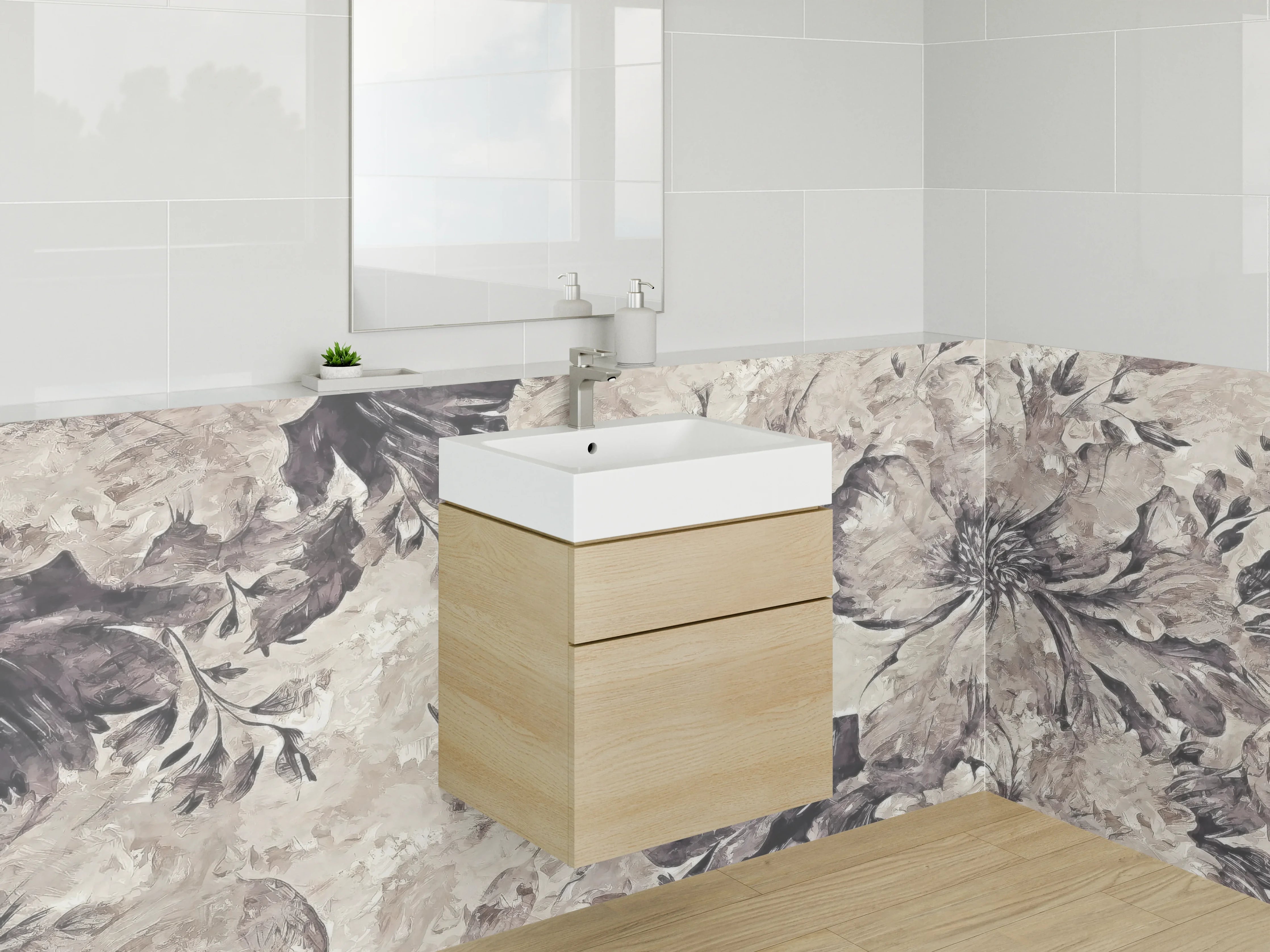 Waschbecken-Rückwand - Elegante florale Kunst in Grau-Beige