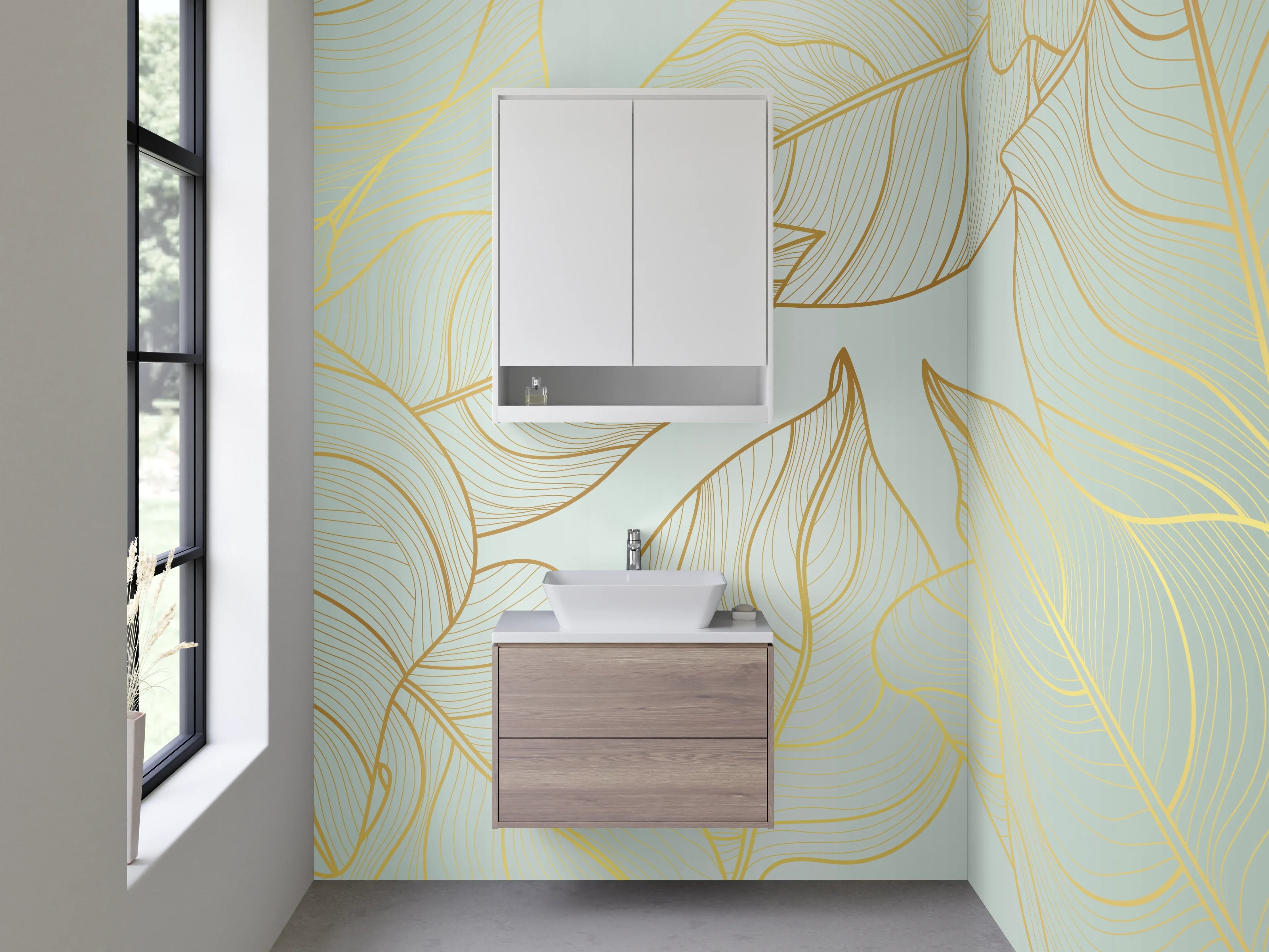 Waschbecken-Rückwand - Elegante goldene Blätter Lineart auf Mint