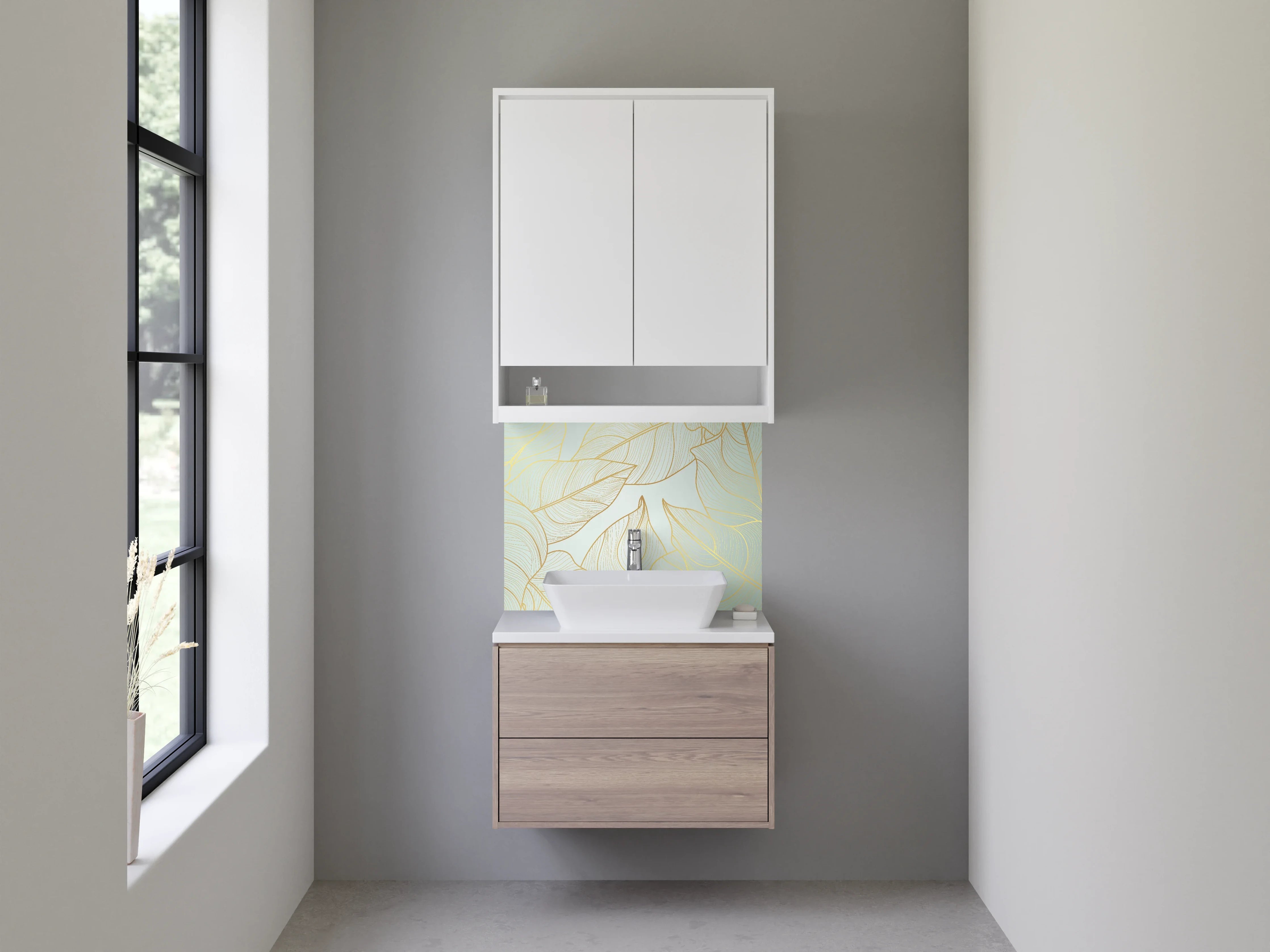 Waschbecken-Rückwand - Elegante goldene Blätter Lineart auf Mint