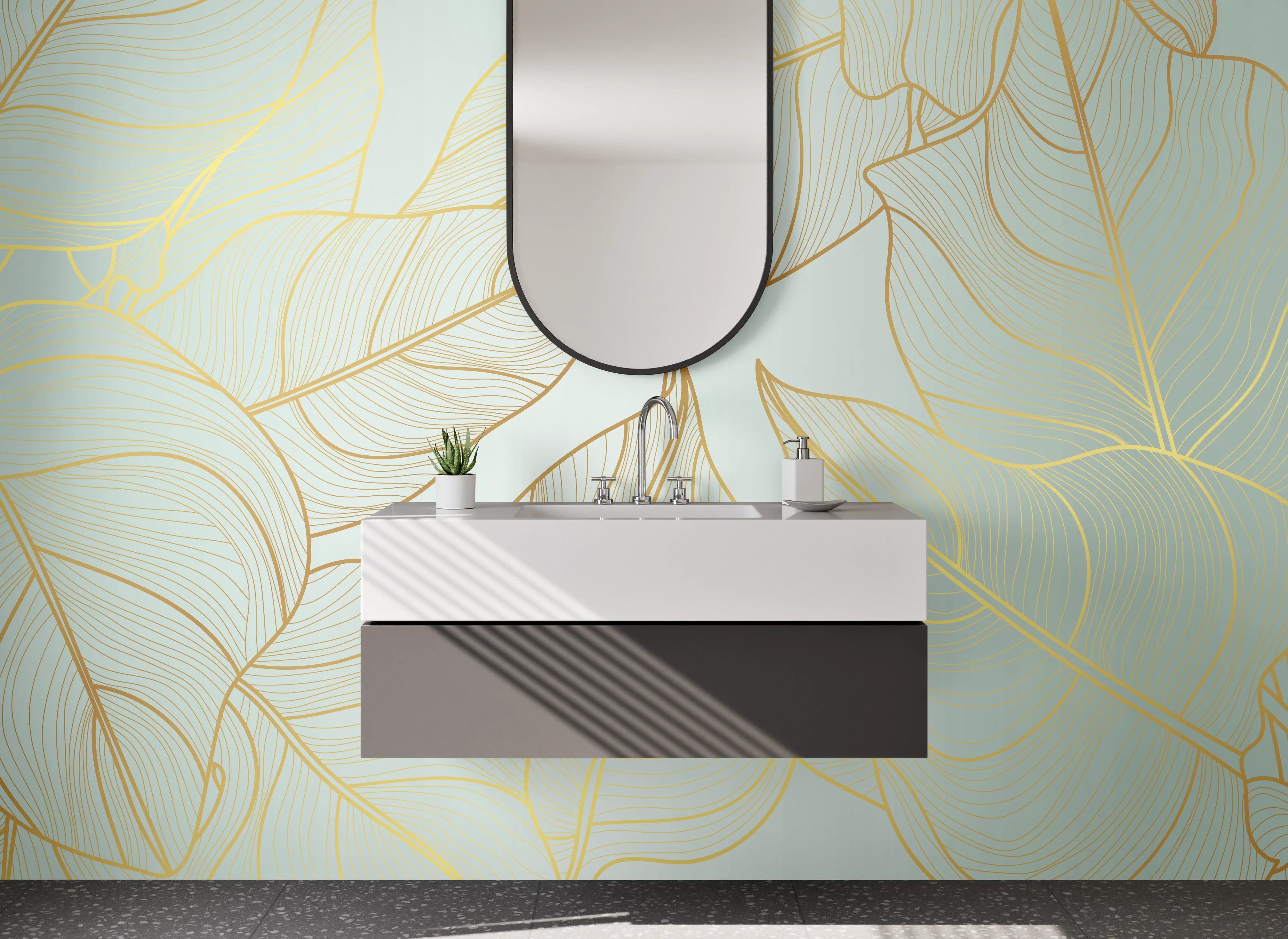 Waschbecken-Rückwand - Elegante goldene Blätter Lineart auf Mint
