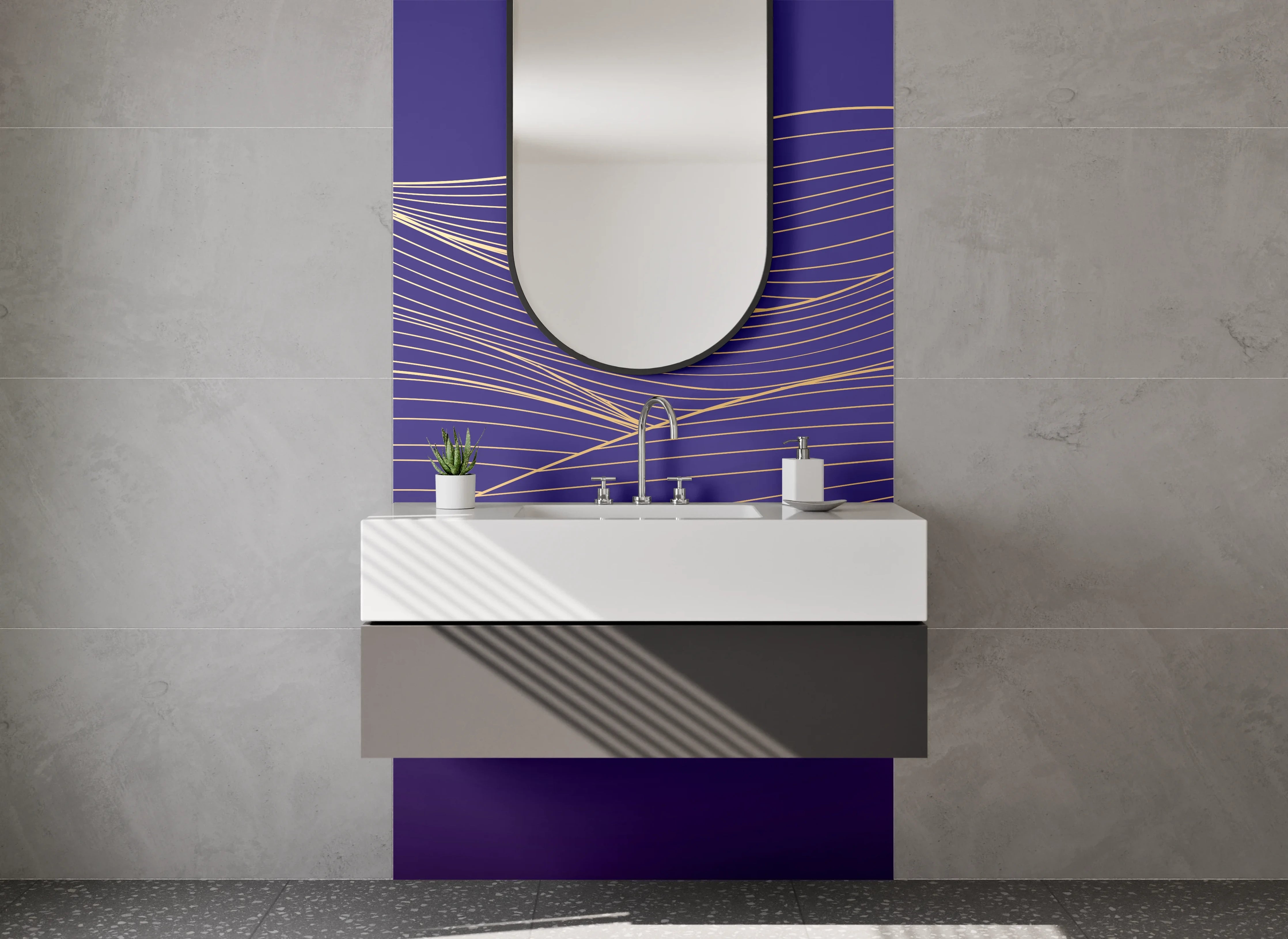 Waschbecken-Rückwand - Elegante goldene Linien auf Lila