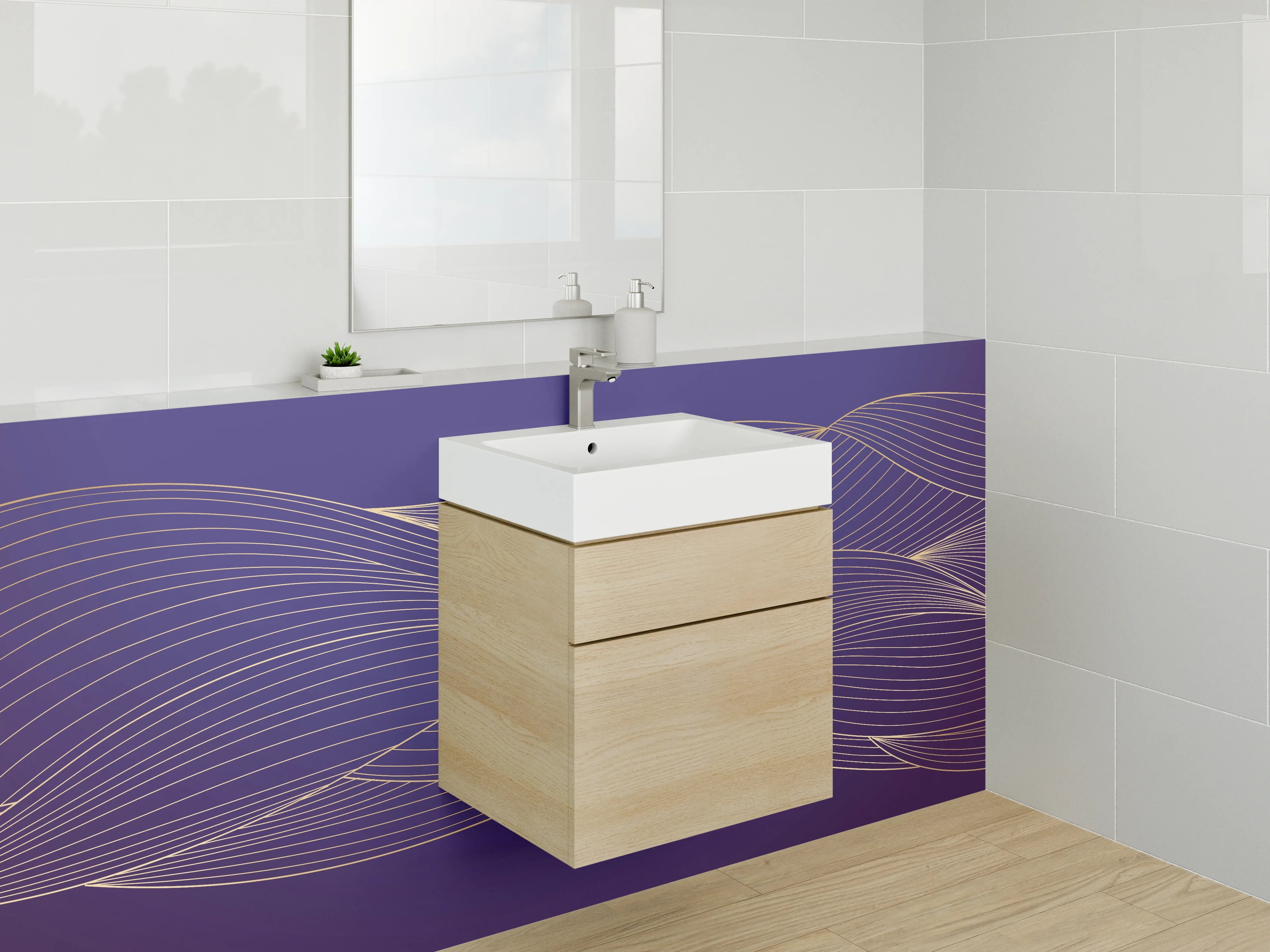 Waschbecken-Rückwand - Elegante goldene Linien auf Lila