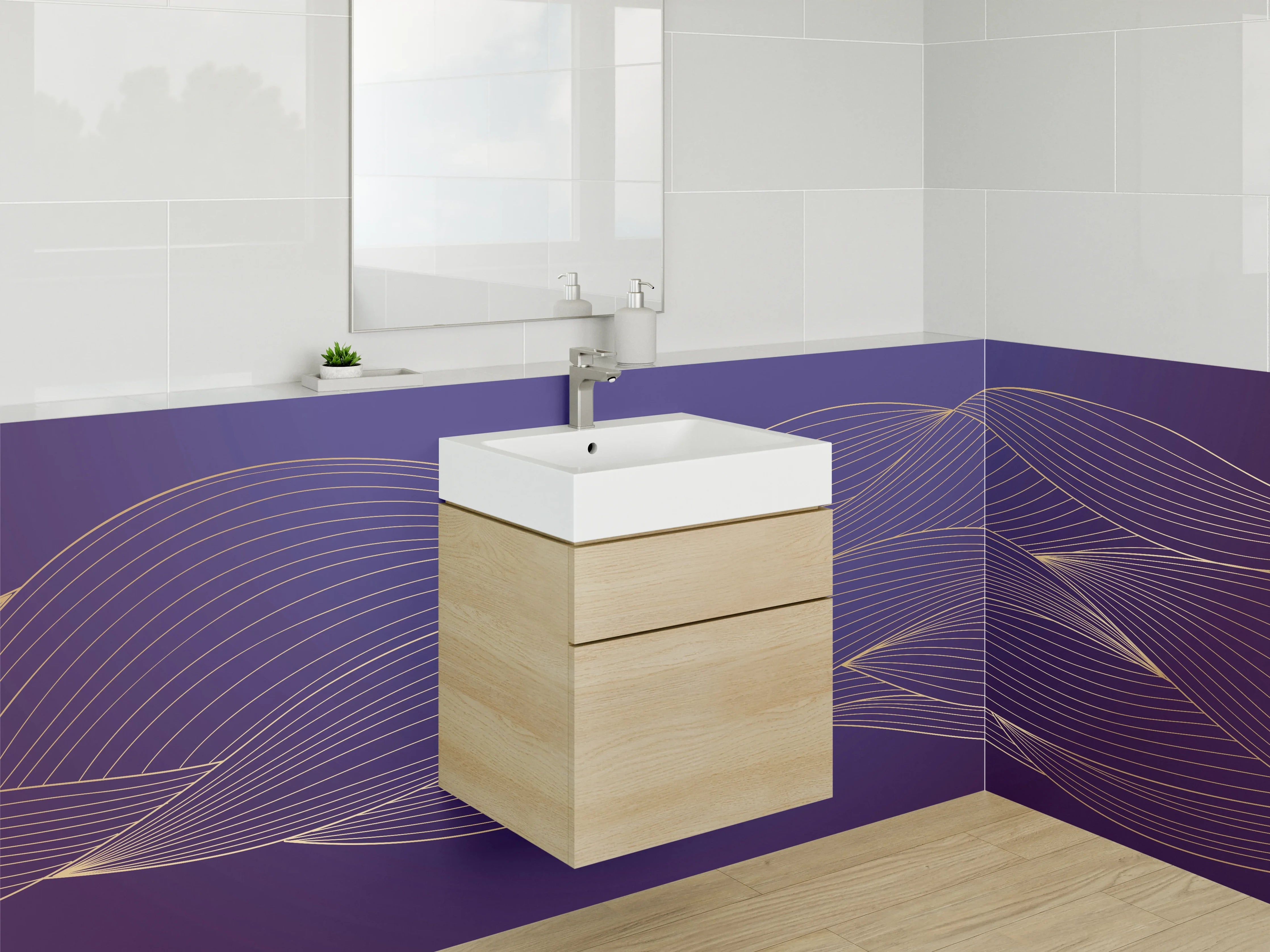 Waschbecken-Rückwand - Elegante goldene Linien auf Lila