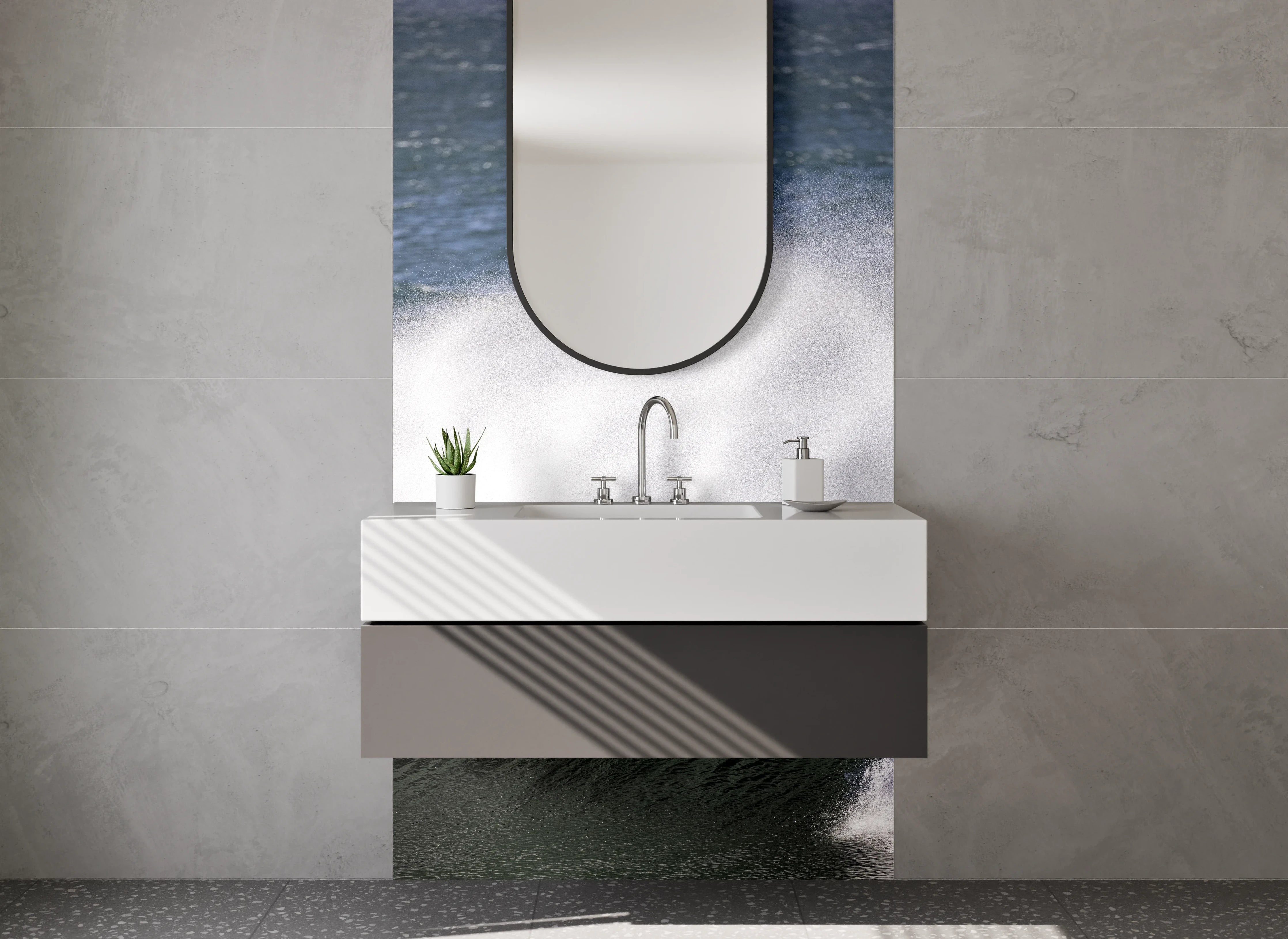 Waschbecken-Rückwand - Elegante graue Wandpaneele für dein Bad
