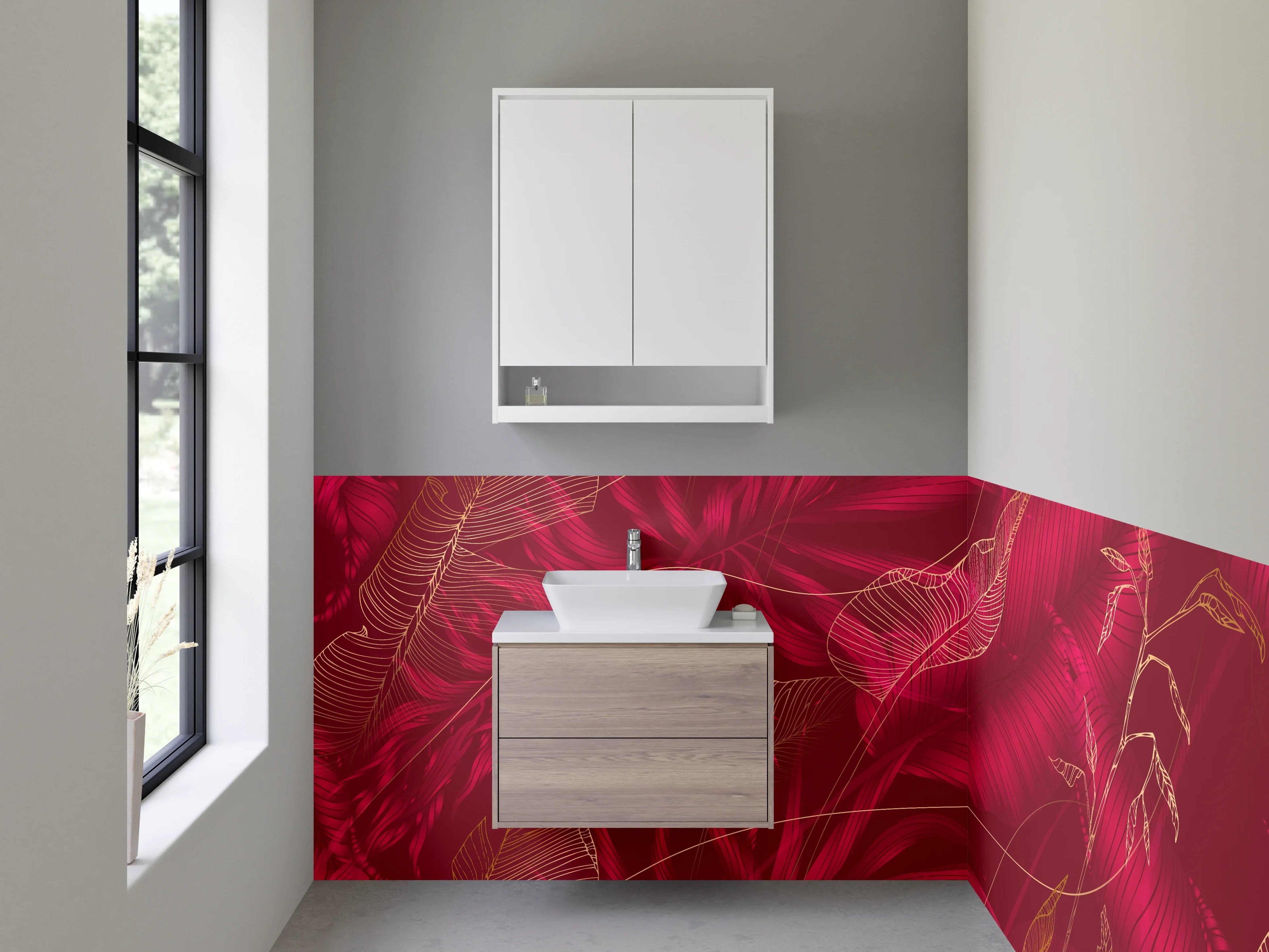 Waschbecken-Rückwand - Elegante rote Blätter Lineart