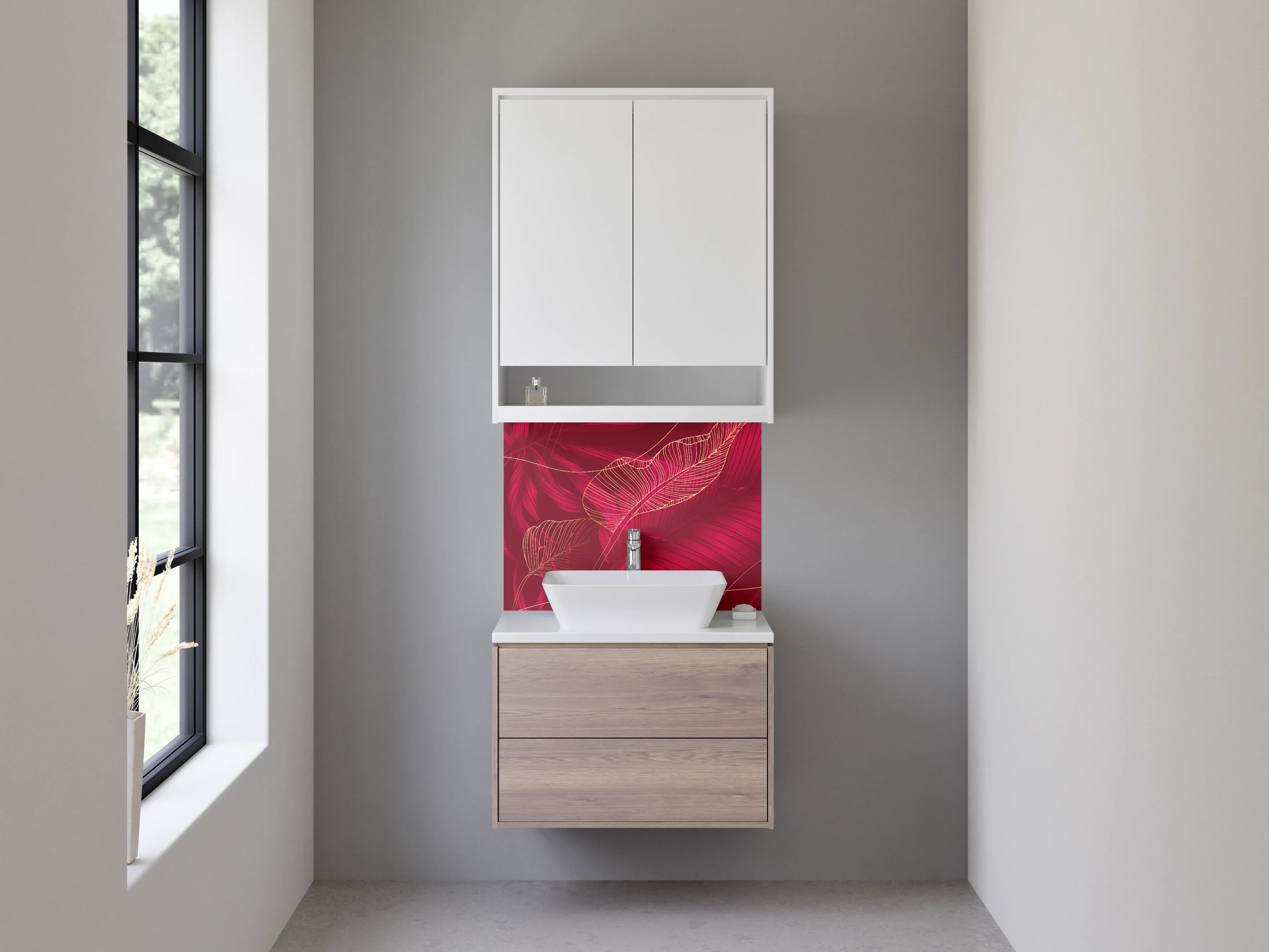 Waschbecken-Rückwand - Elegante rote Blätter Lineart