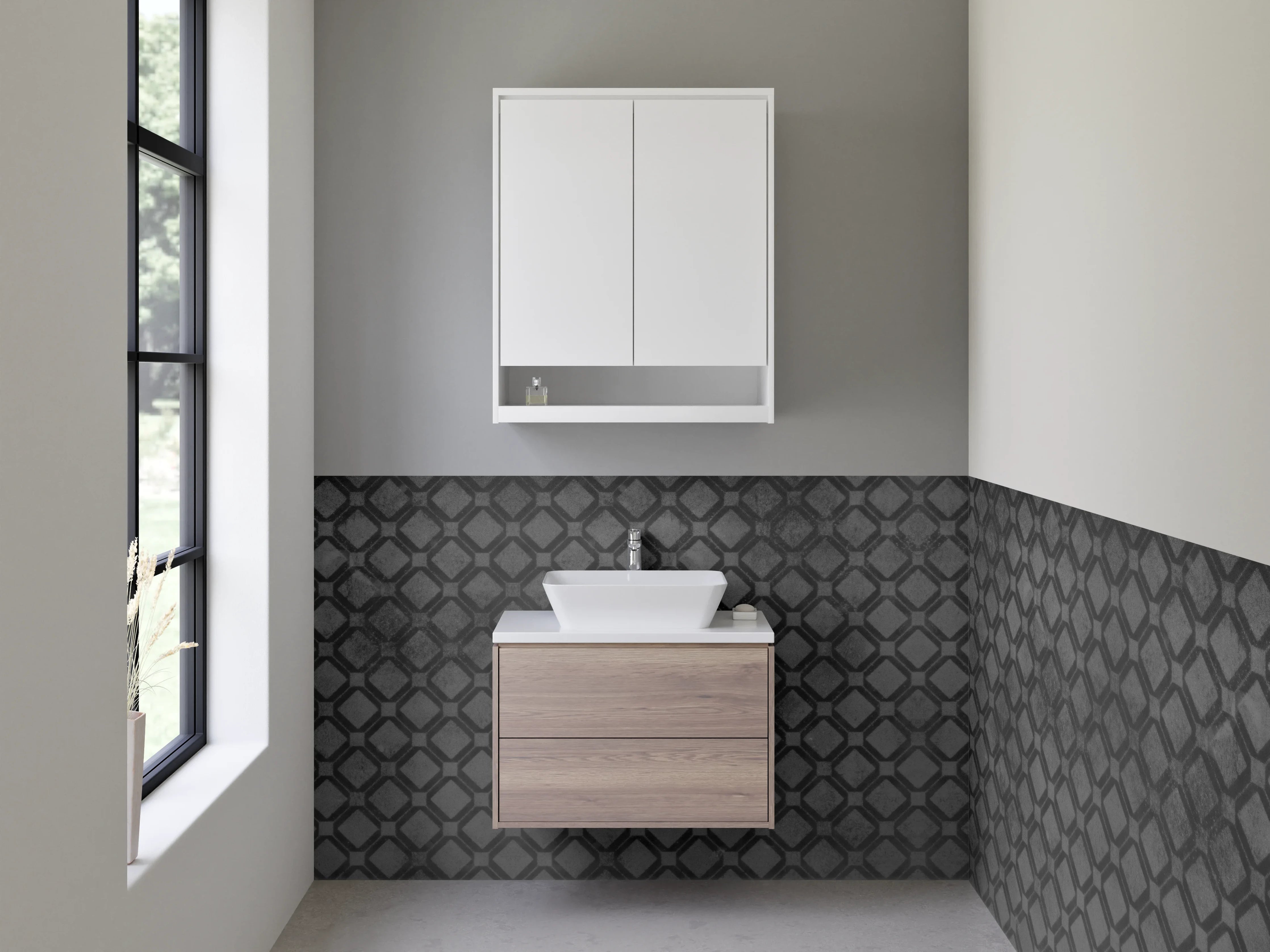 Waschbecken-Rückwand - Elegante schwarze Diamant-Muster Wand