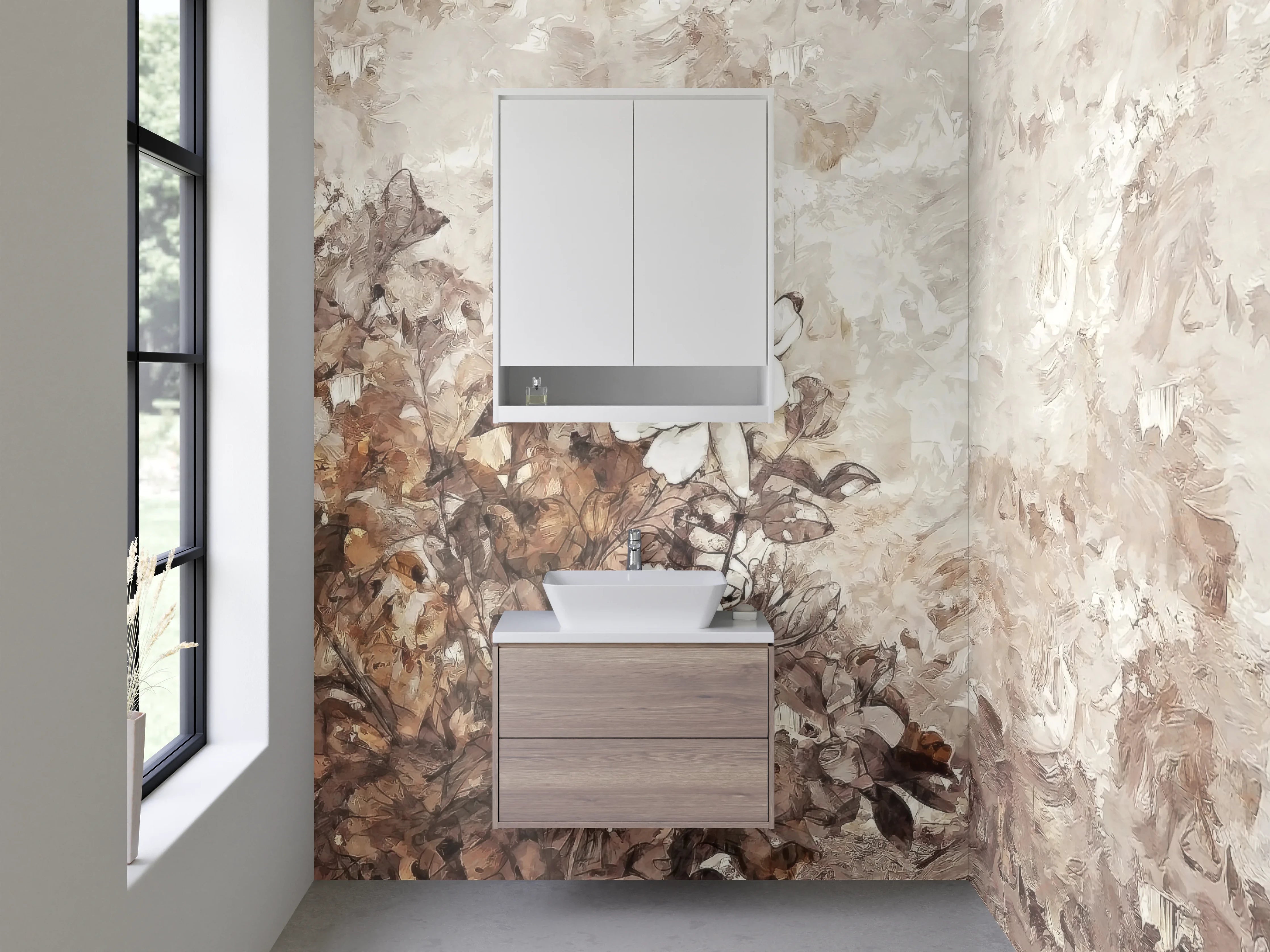Waschbecken-Rückwand - Elegante weiße Blumen Malerei Beige