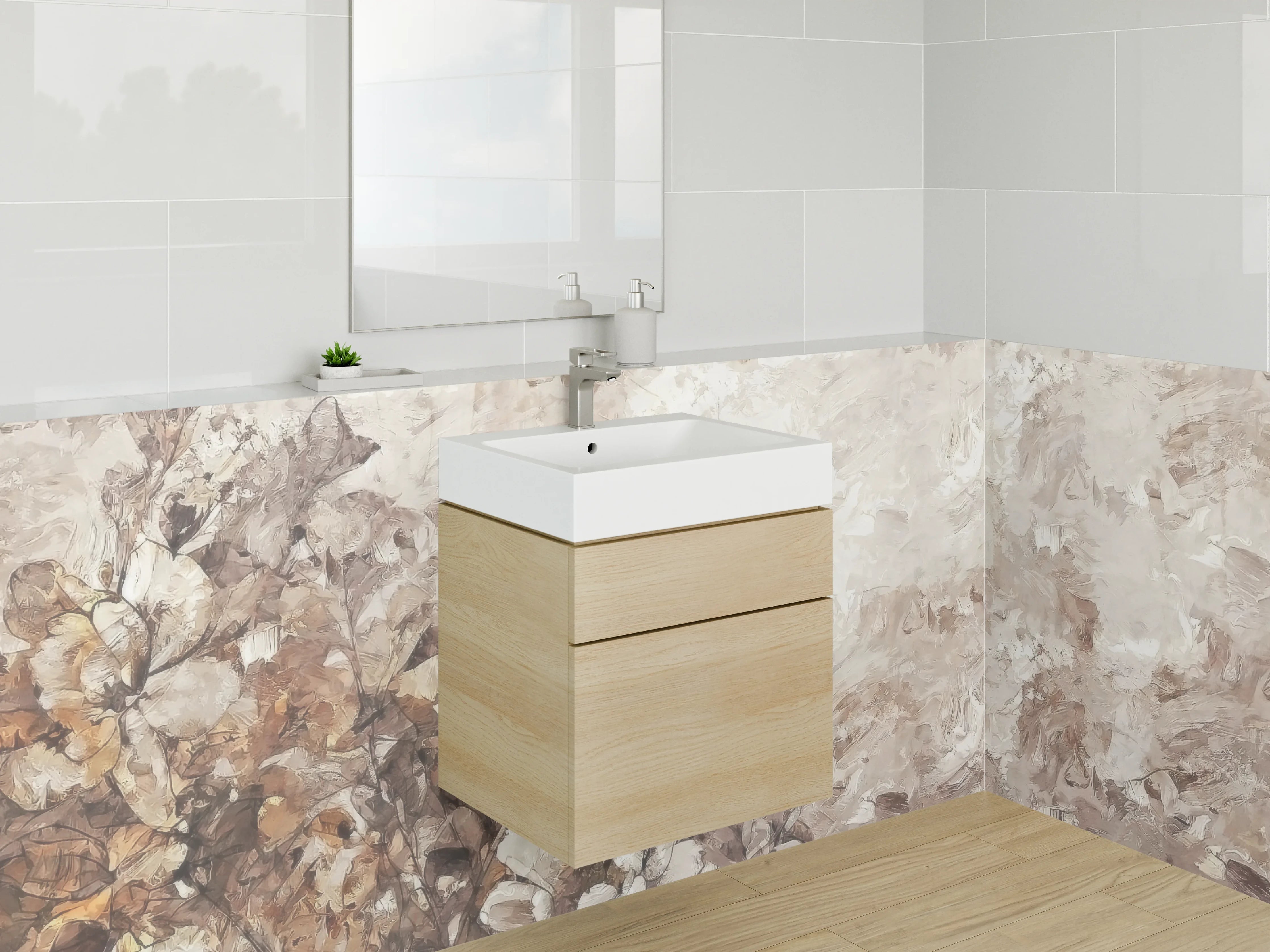 Waschbecken-Rückwand - Elegante weiße Blumen Malerei Beige
