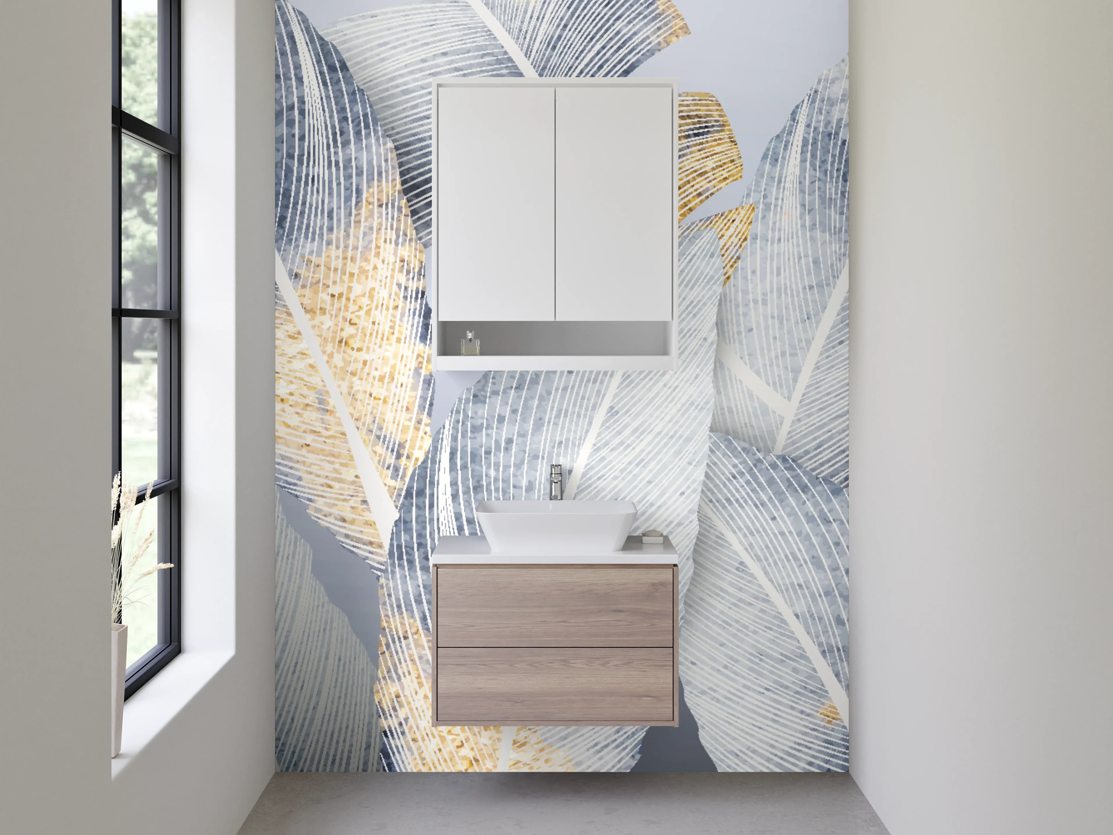 Waschbecken-Rückwand - Elegante weiße Feder-Optik mit Goldakzenten