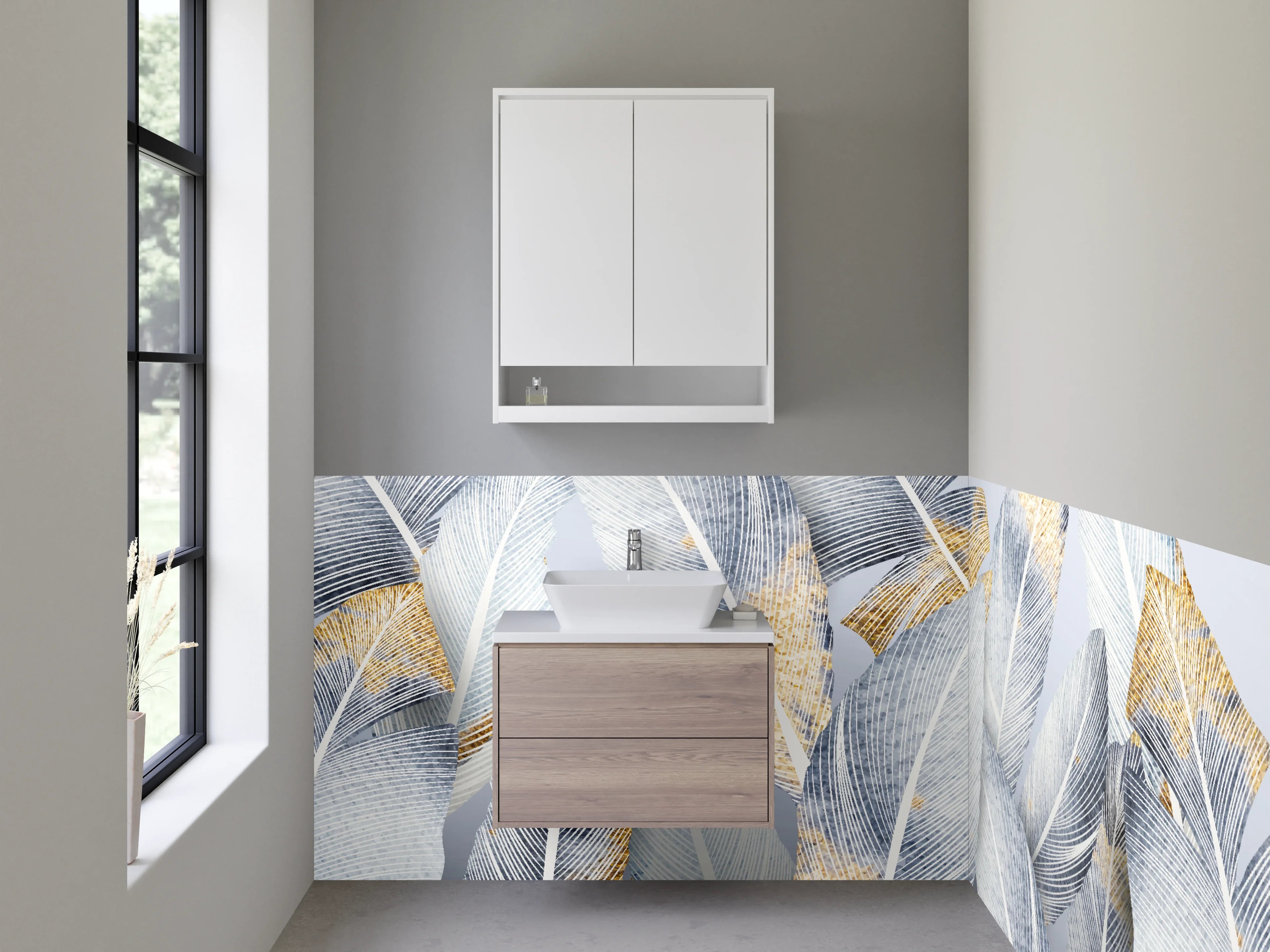 Waschbecken-Rückwand - Elegante weiße Feder-Optik mit Goldakzenten