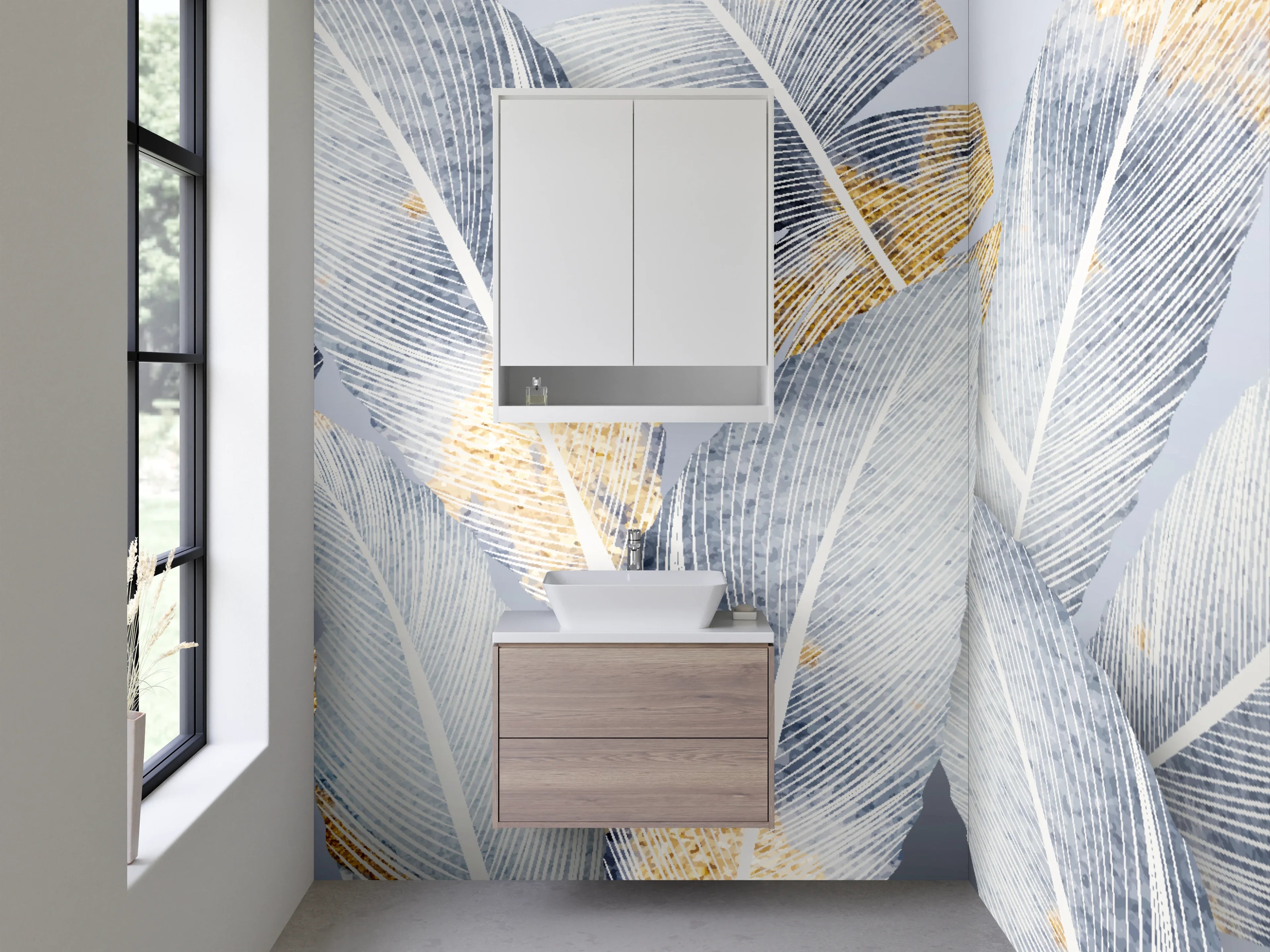 Waschbecken-Rückwand - Elegante weiße Feder-Optik mit Goldakzenten