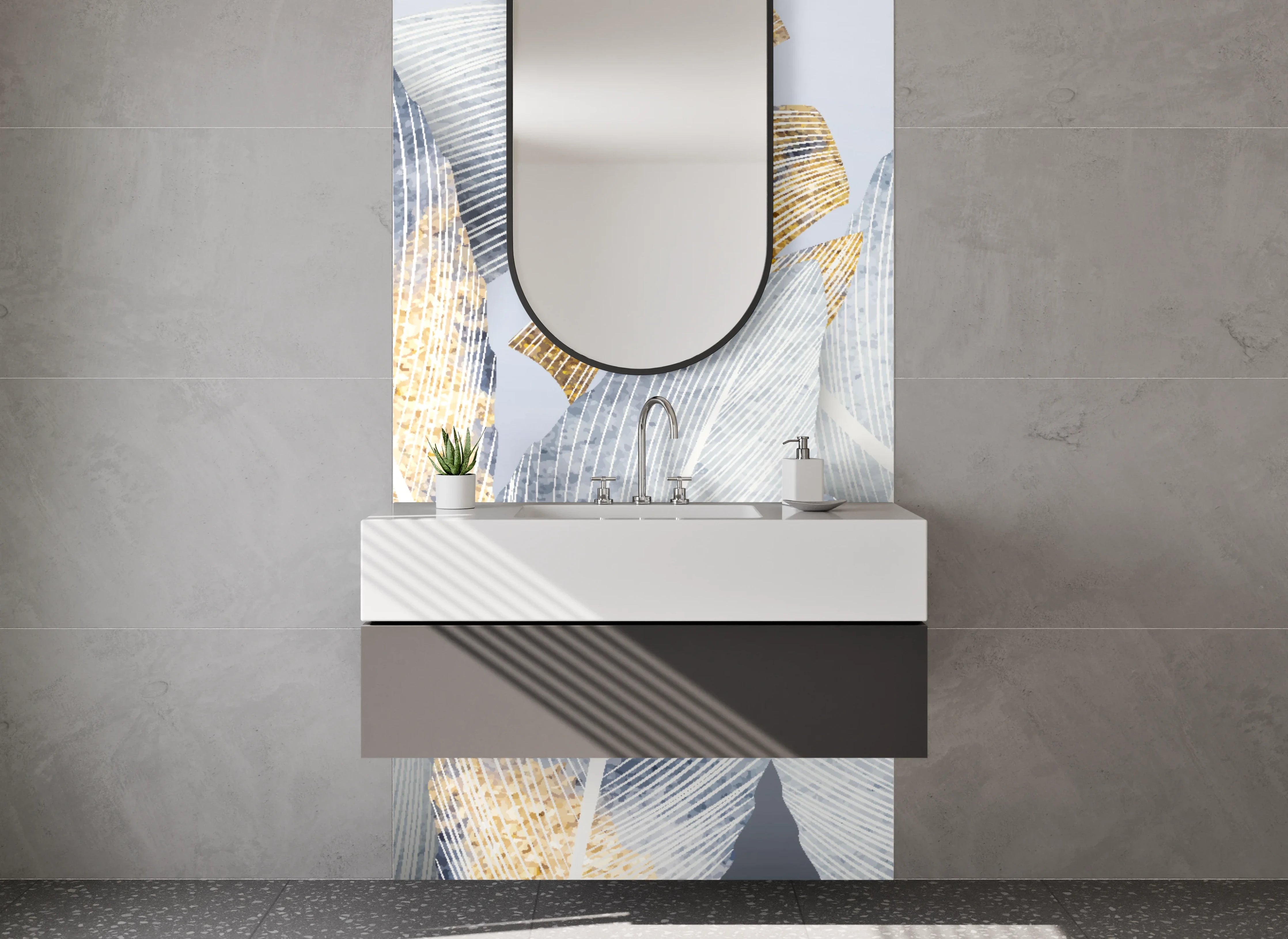Waschbecken-Rückwand - Elegante weiße Feder-Optik mit Goldakzenten