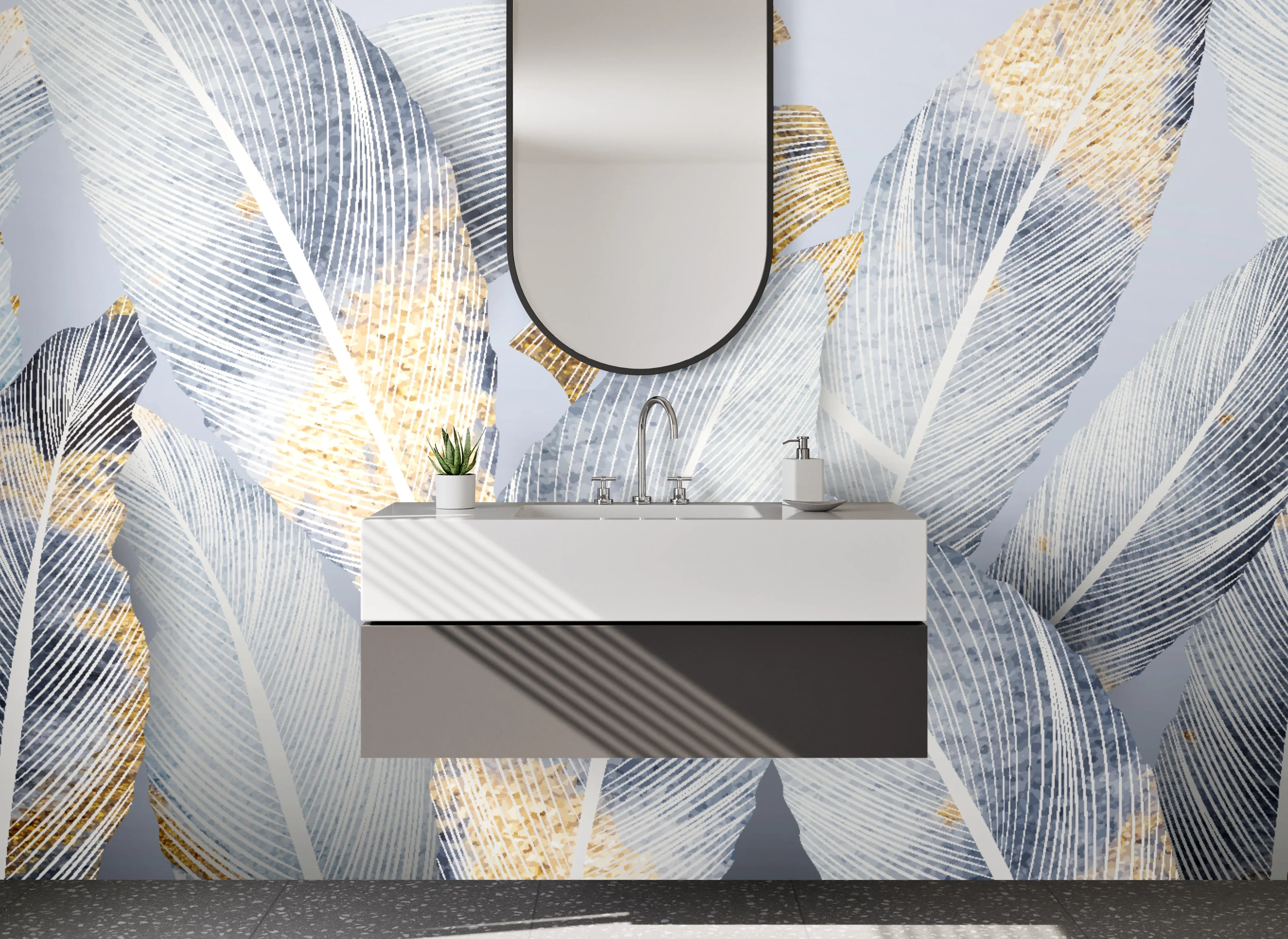 Waschbecken-Rückwand - Elegante weiße Feder-Optik mit Goldakzenten
