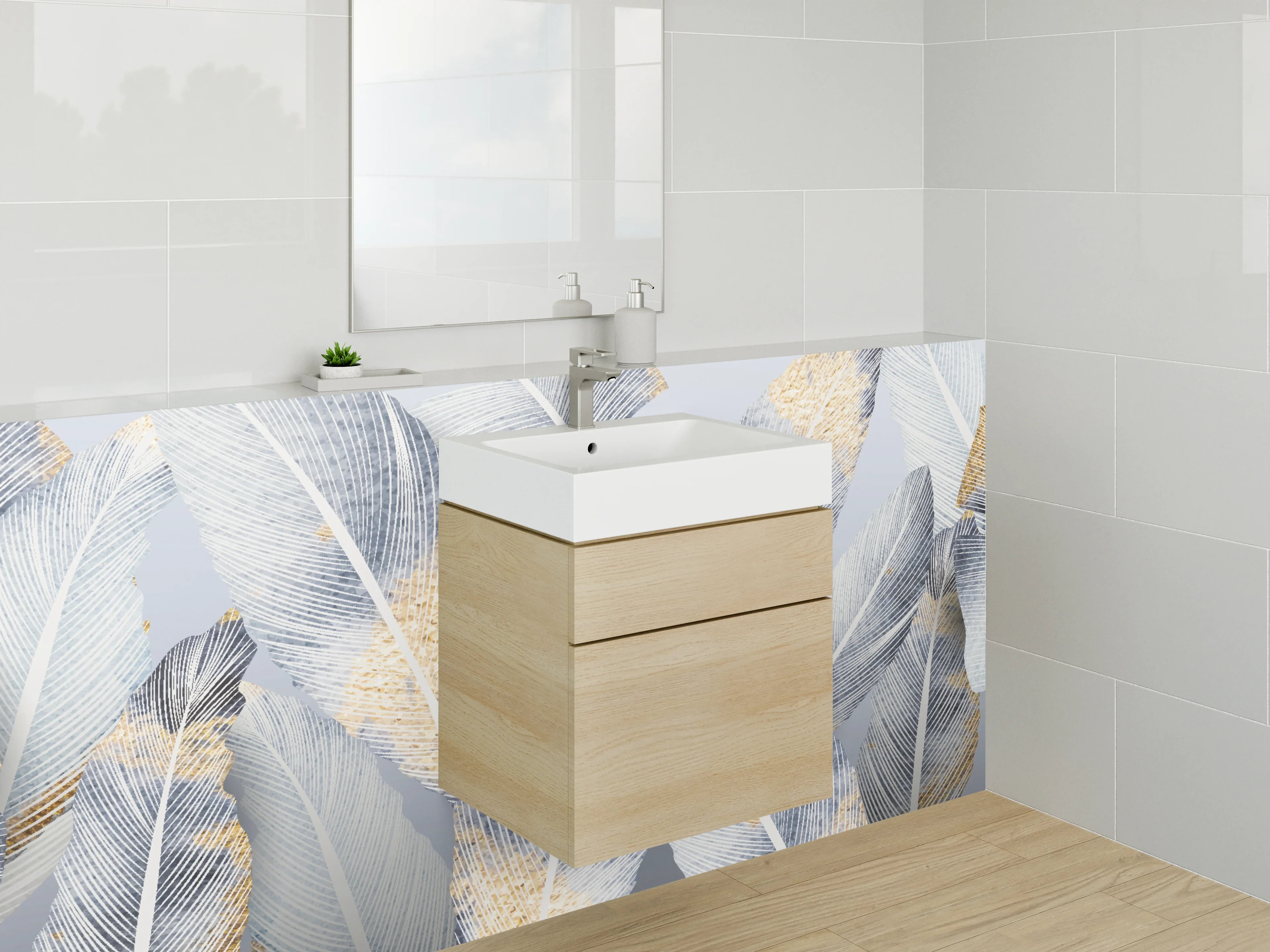 Waschbecken-Rückwand - Elegante weiße Feder-Optik mit Goldakzenten