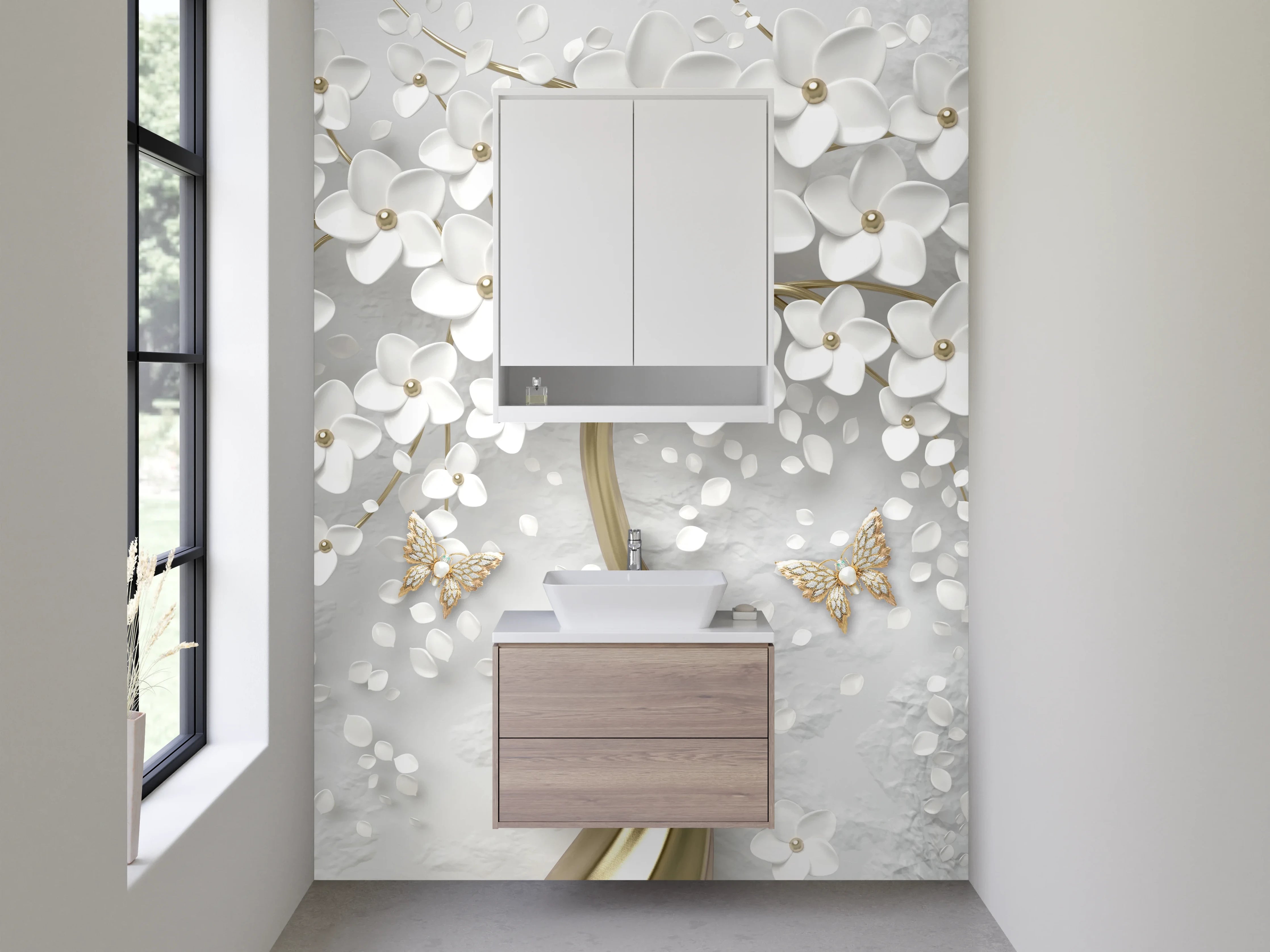 Waschbecken-Rückwand - Eleganter 3D-Blütenbaum in Weiß-Gold