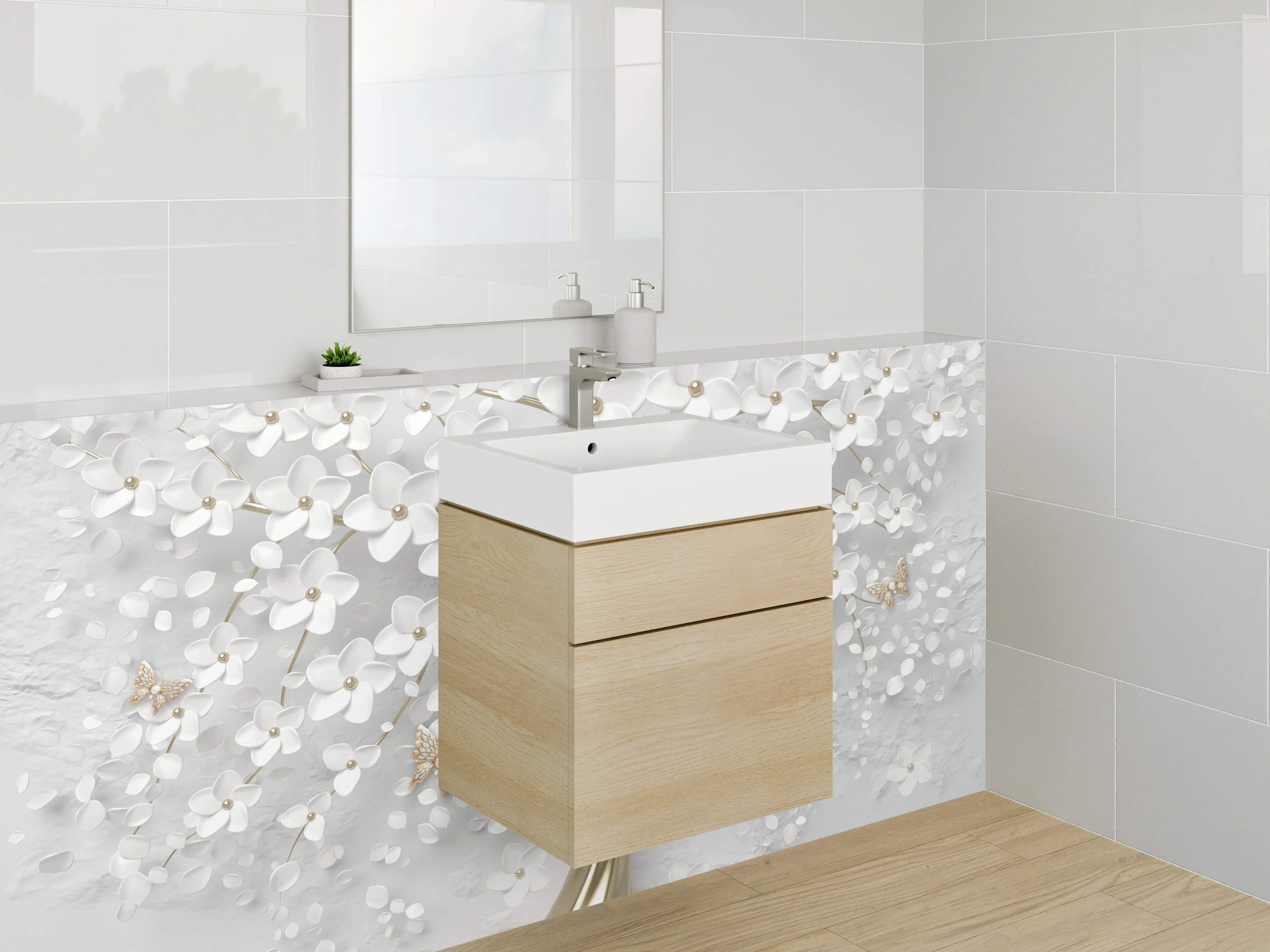 Waschbecken-Rückwand - Eleganter 3D-Blütenbaum in Weiß-Gold
