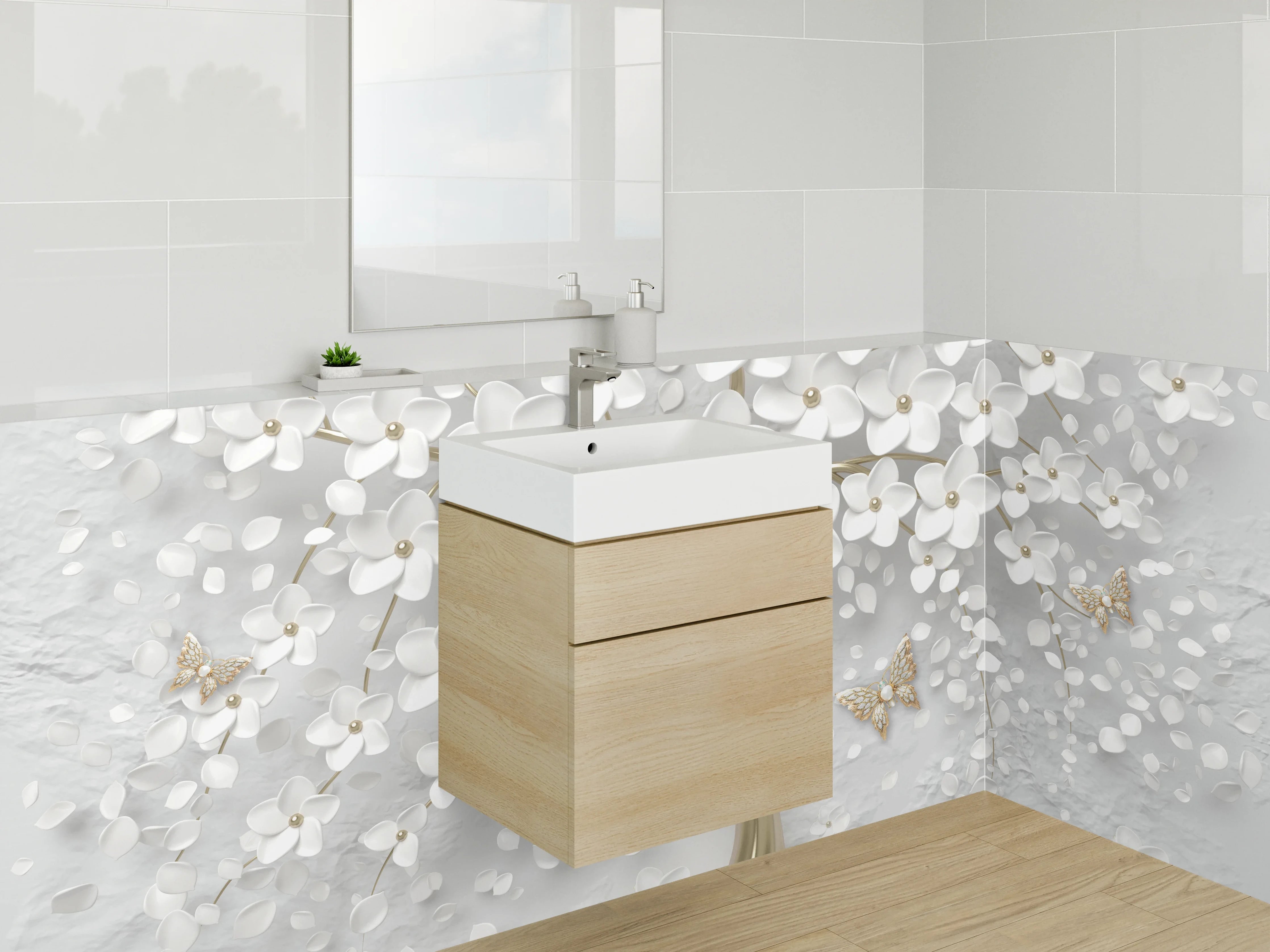Waschbecken-Rückwand - Eleganter 3D-Blütenbaum in Weiß-Gold