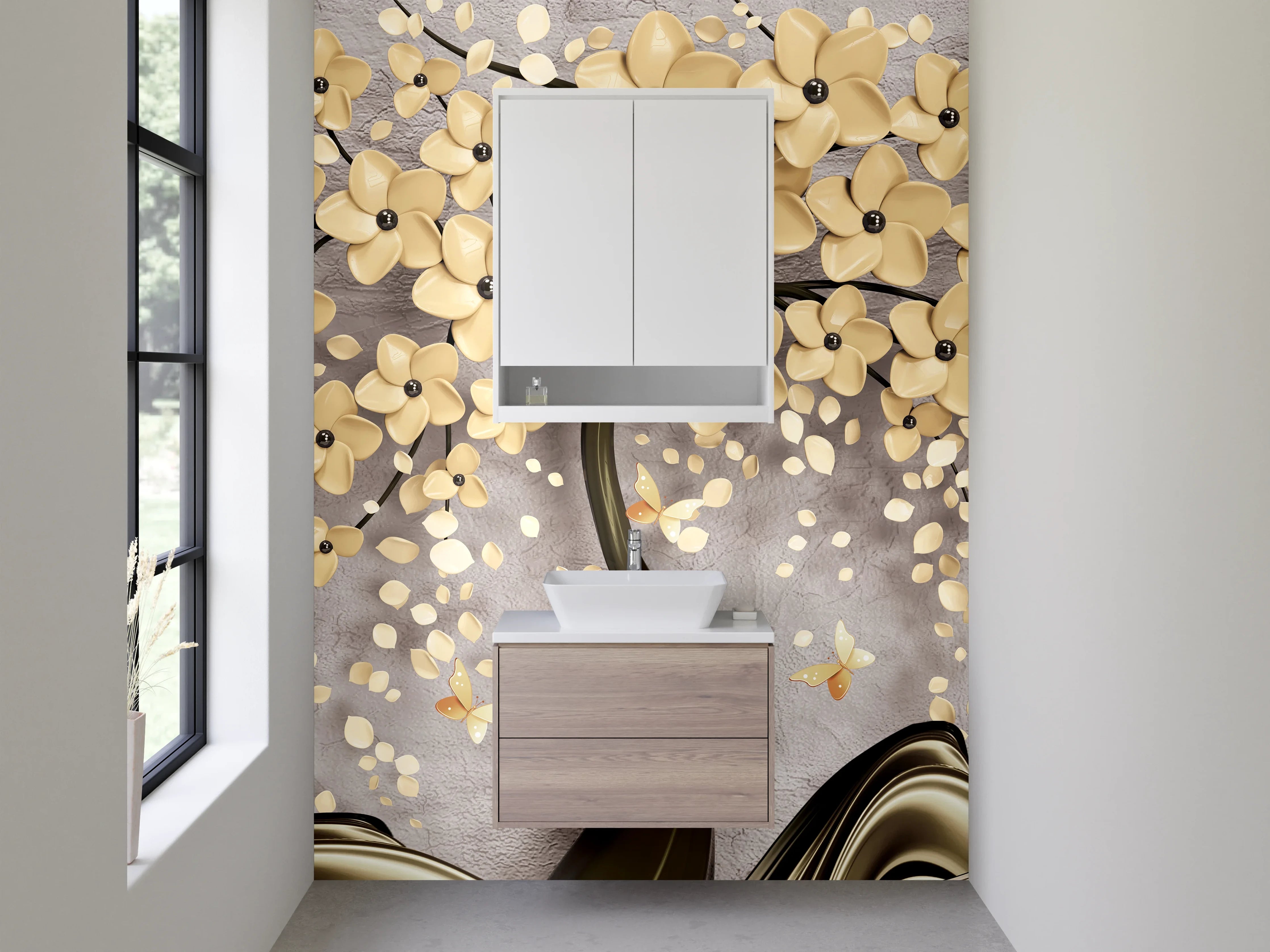 Waschbecken-Rückwand - Eleganter Gold-Blütenbaum mit Hirschen