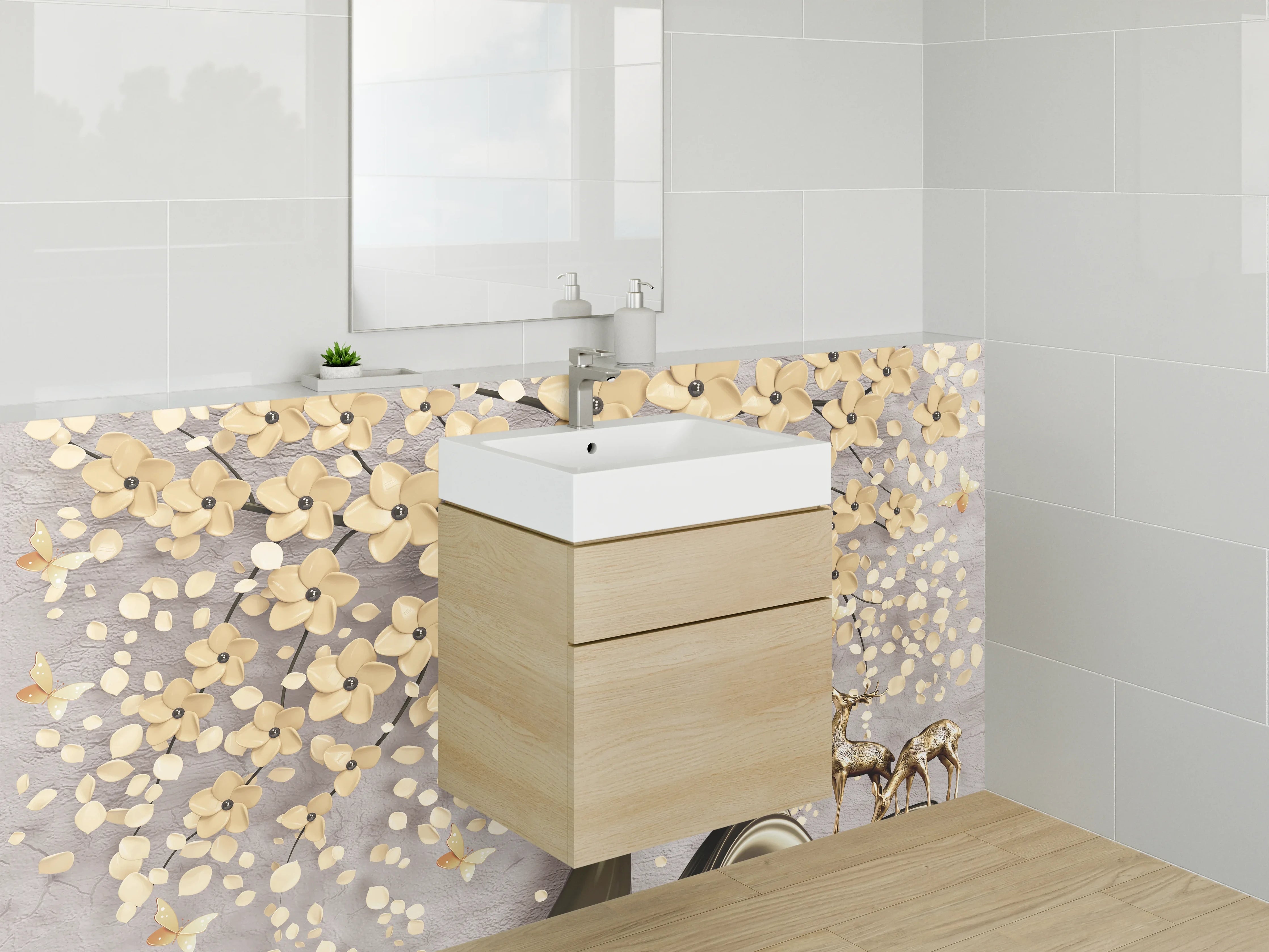 Waschbecken-Rückwand - Eleganter Gold-Blütenbaum mit Hirschen