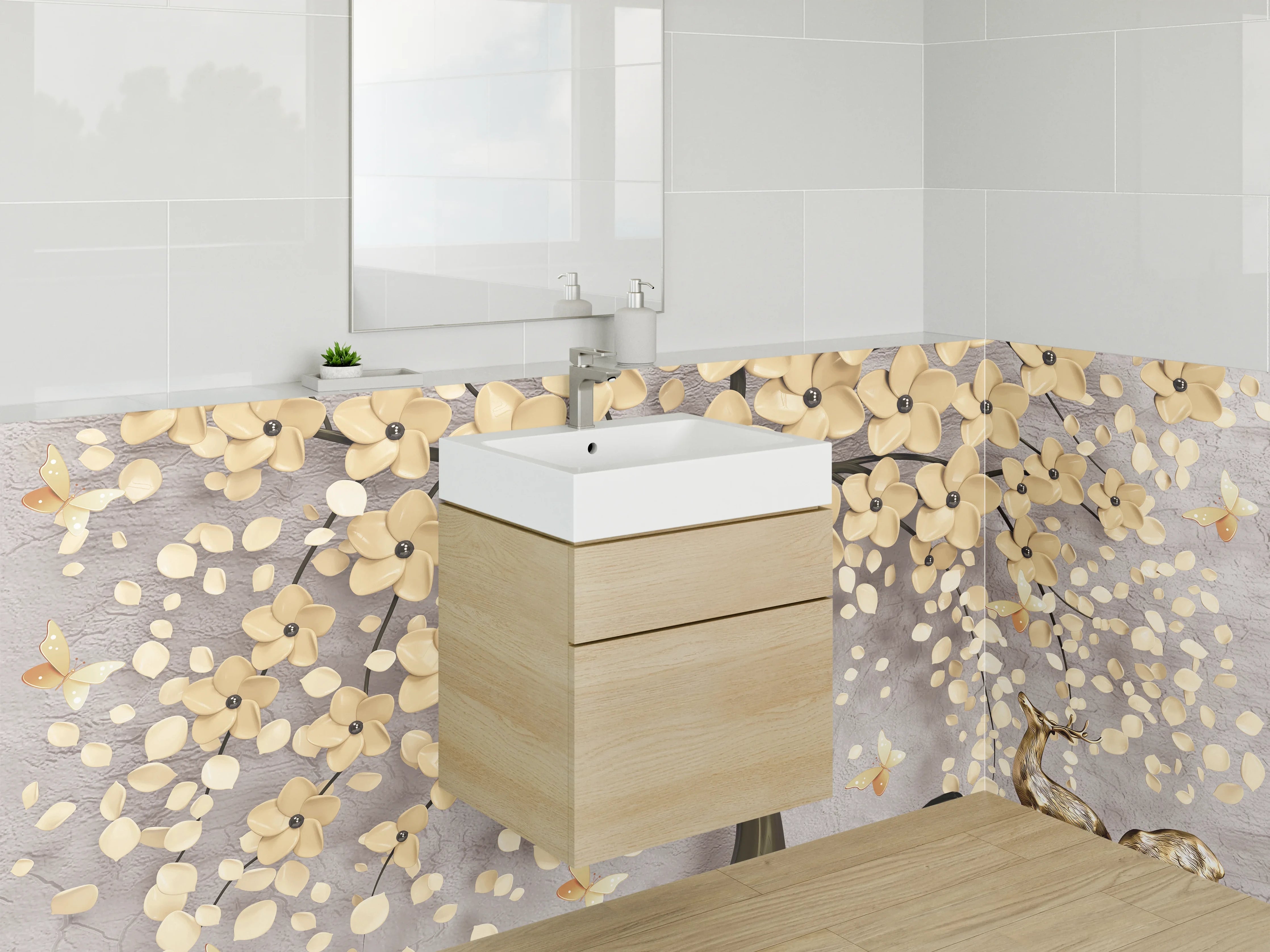 Waschbecken-Rückwand - Eleganter Gold-Blütenbaum mit Hirschen