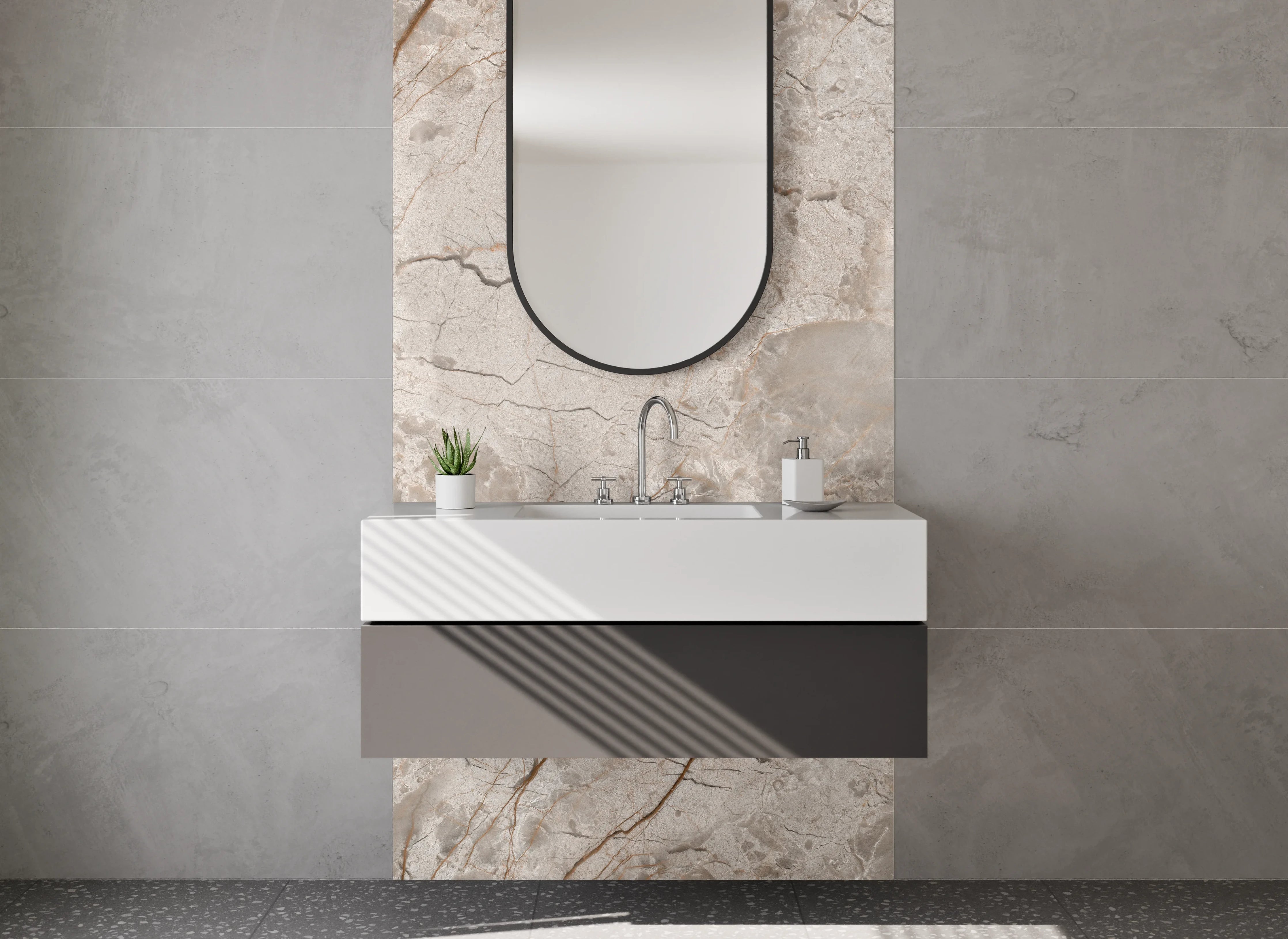Waschbecken-Rückwand - Eleganter Marmor-Look in Beige und Grau
