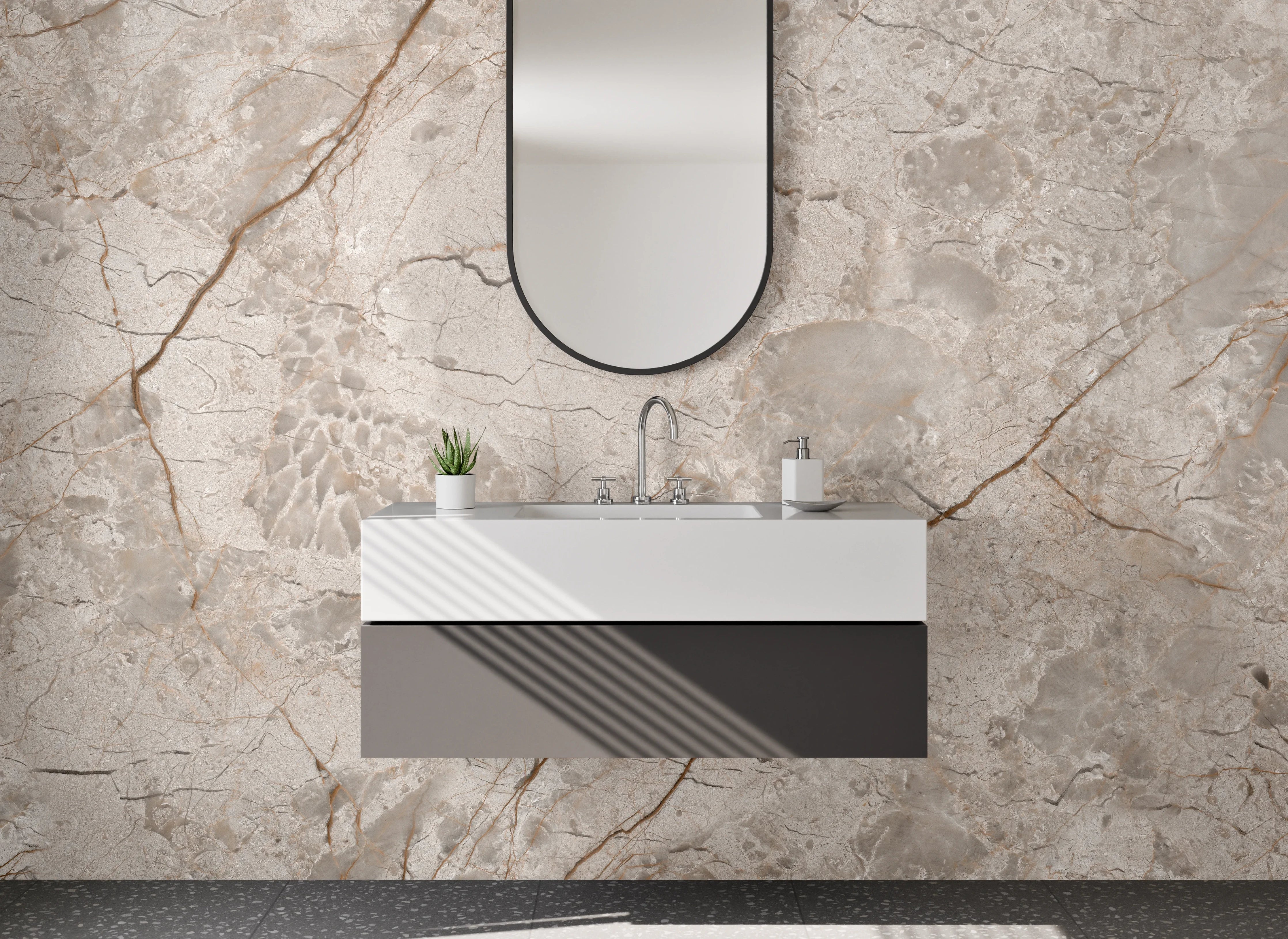 Waschbecken-Rückwand - Eleganter Marmor-Look in Beige und Grau