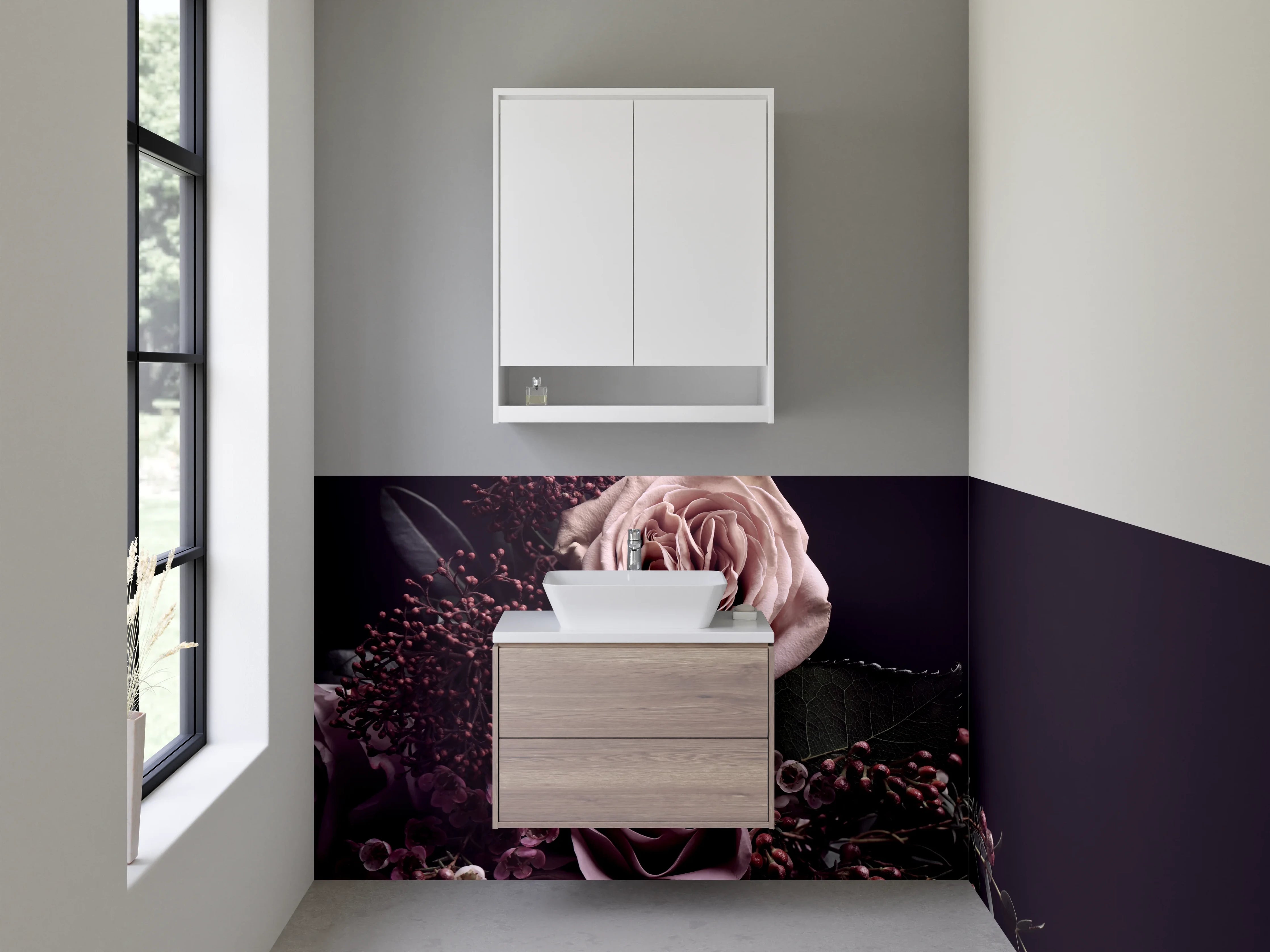 Waschbecken-Rückwand - Eleganter Rosenstrauß auf Dunkelviolett