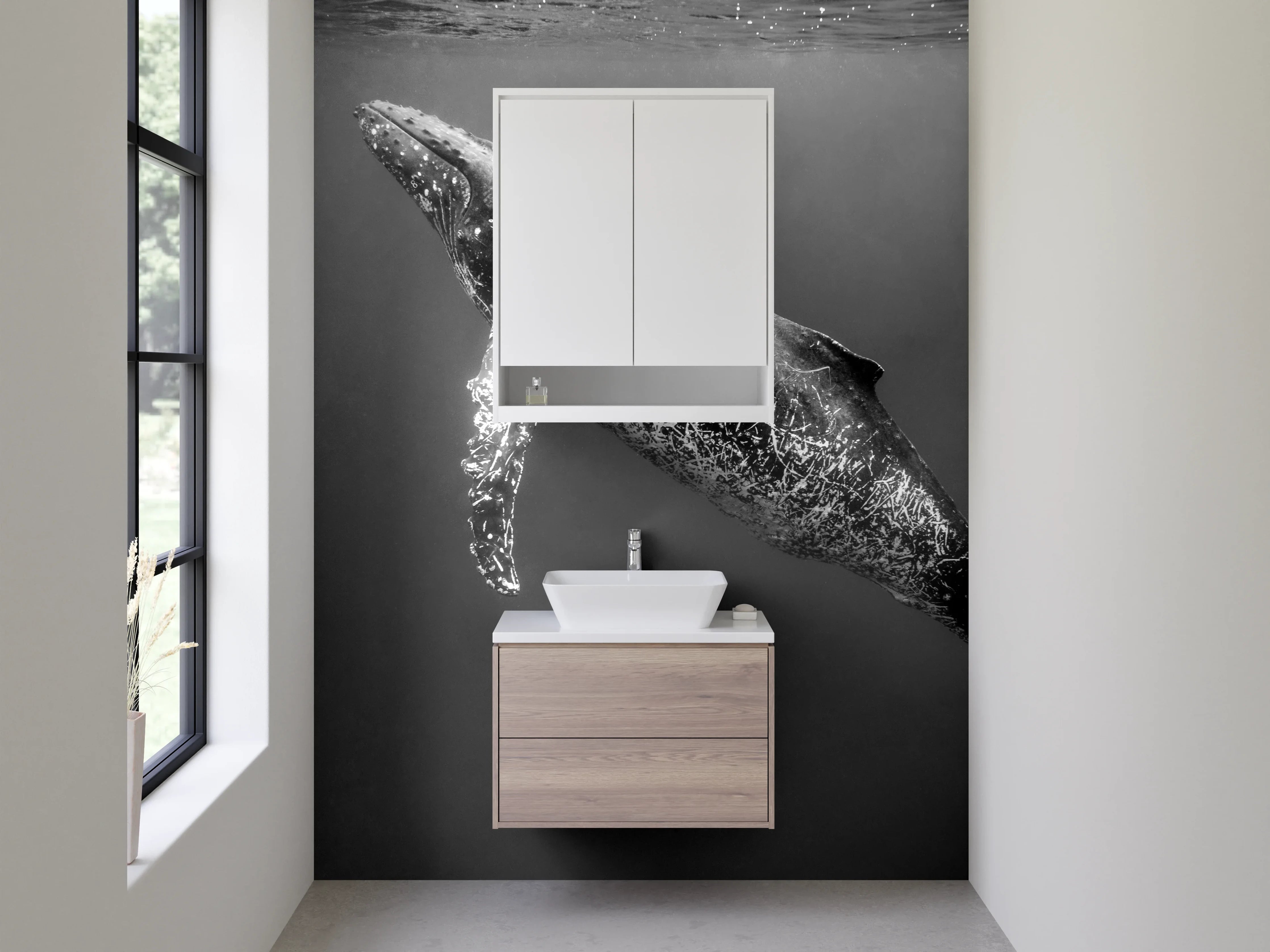Waschbecken-Rückwand - Eleganter Wal in Schwarz-Weiß