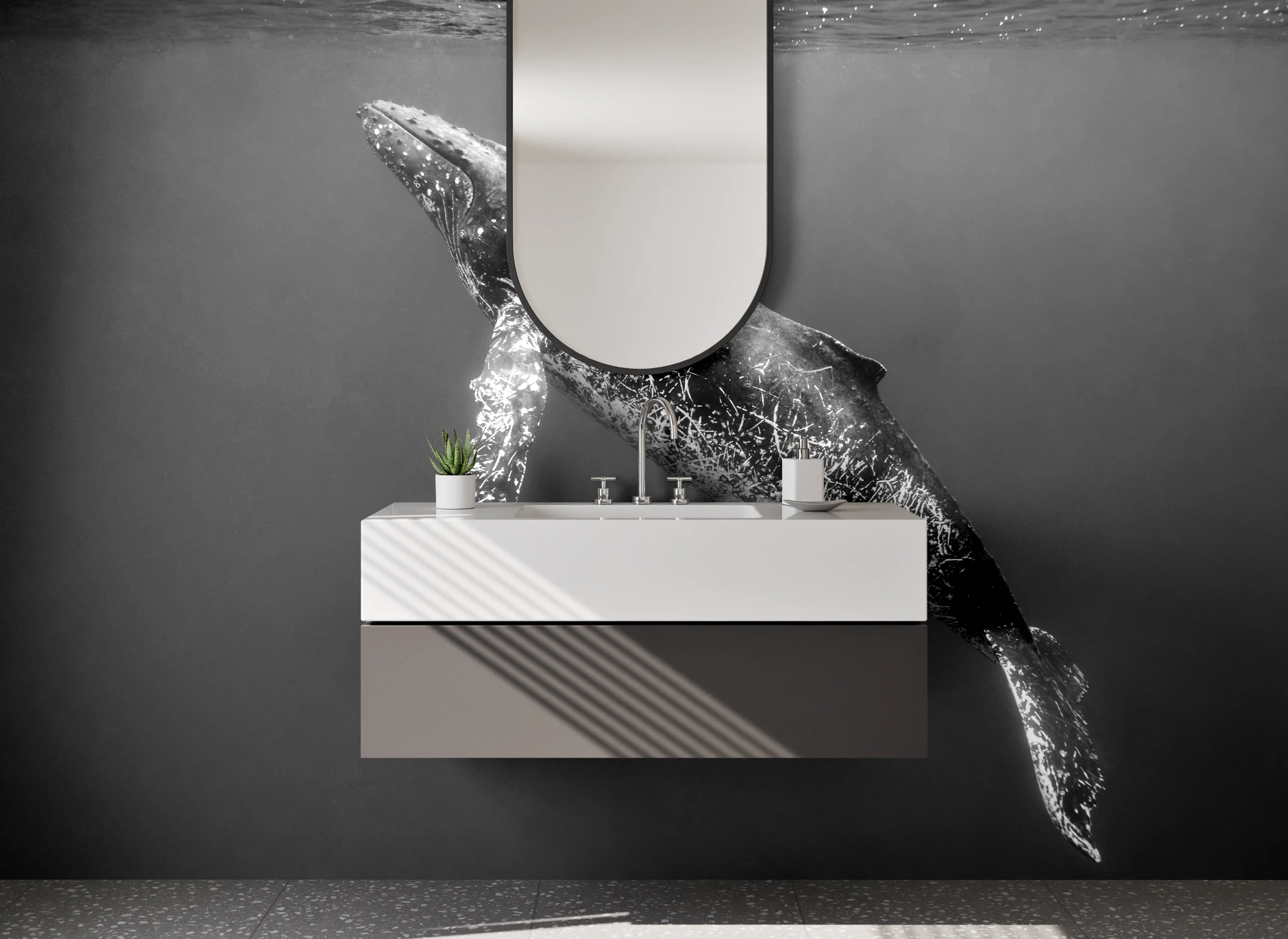 Waschbecken-Rückwand - Eleganter Wal in Schwarz-Weiß