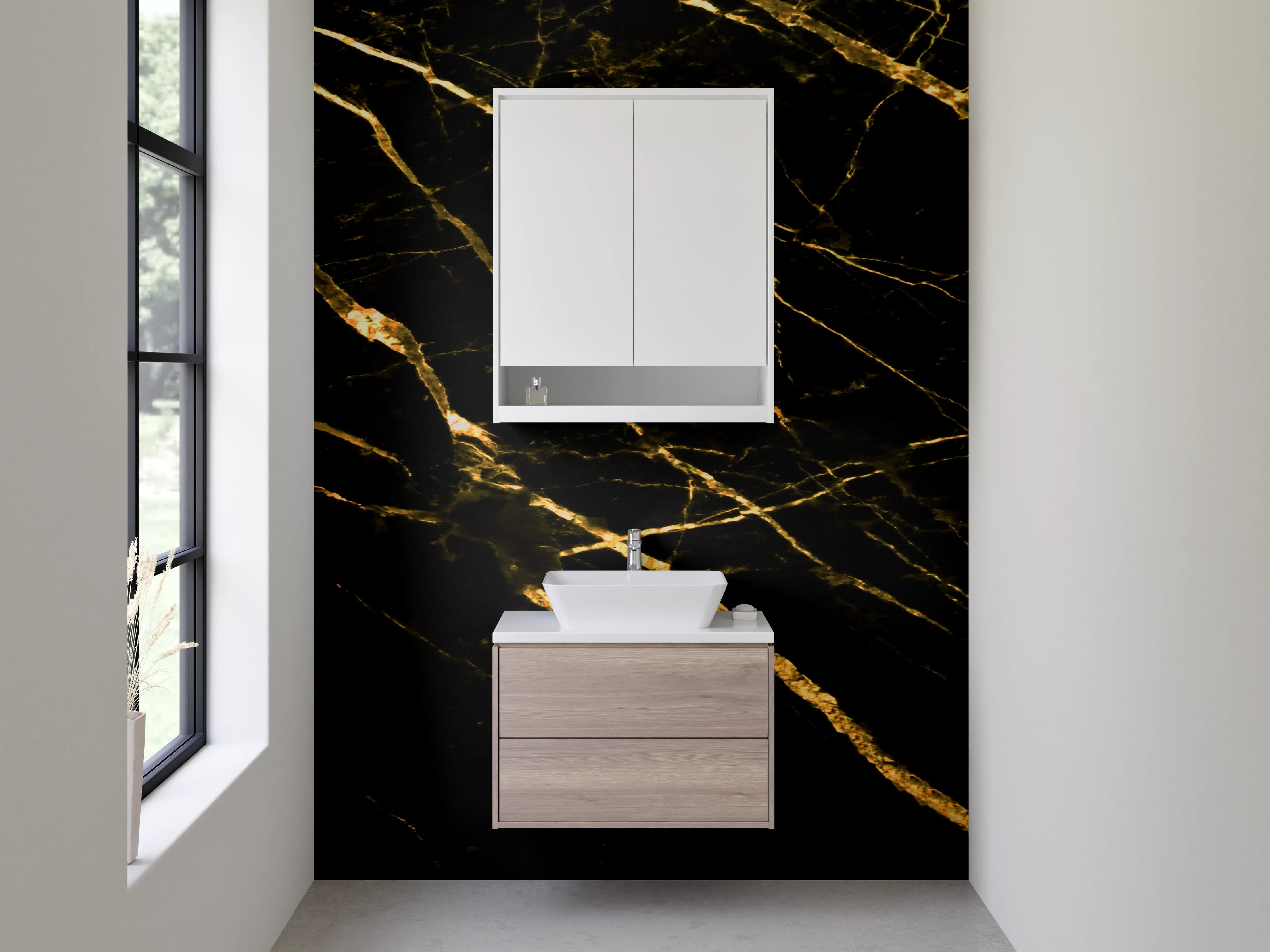Waschbecken-Rückwand - Eleganter schwarzer Marmor mit goldenen Adern