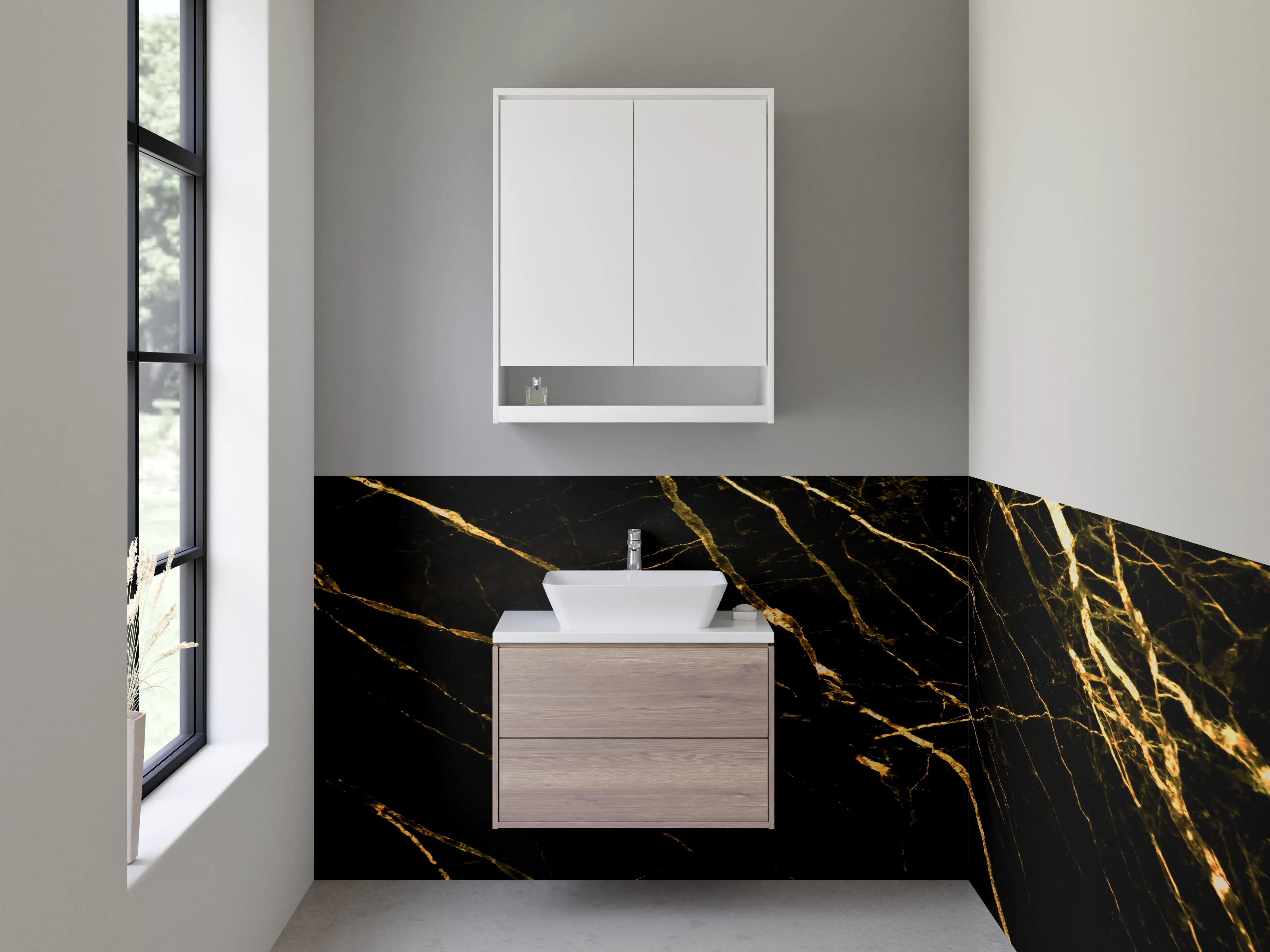 Waschbecken-Rückwand - Eleganter schwarzer Marmor mit goldenen Adern