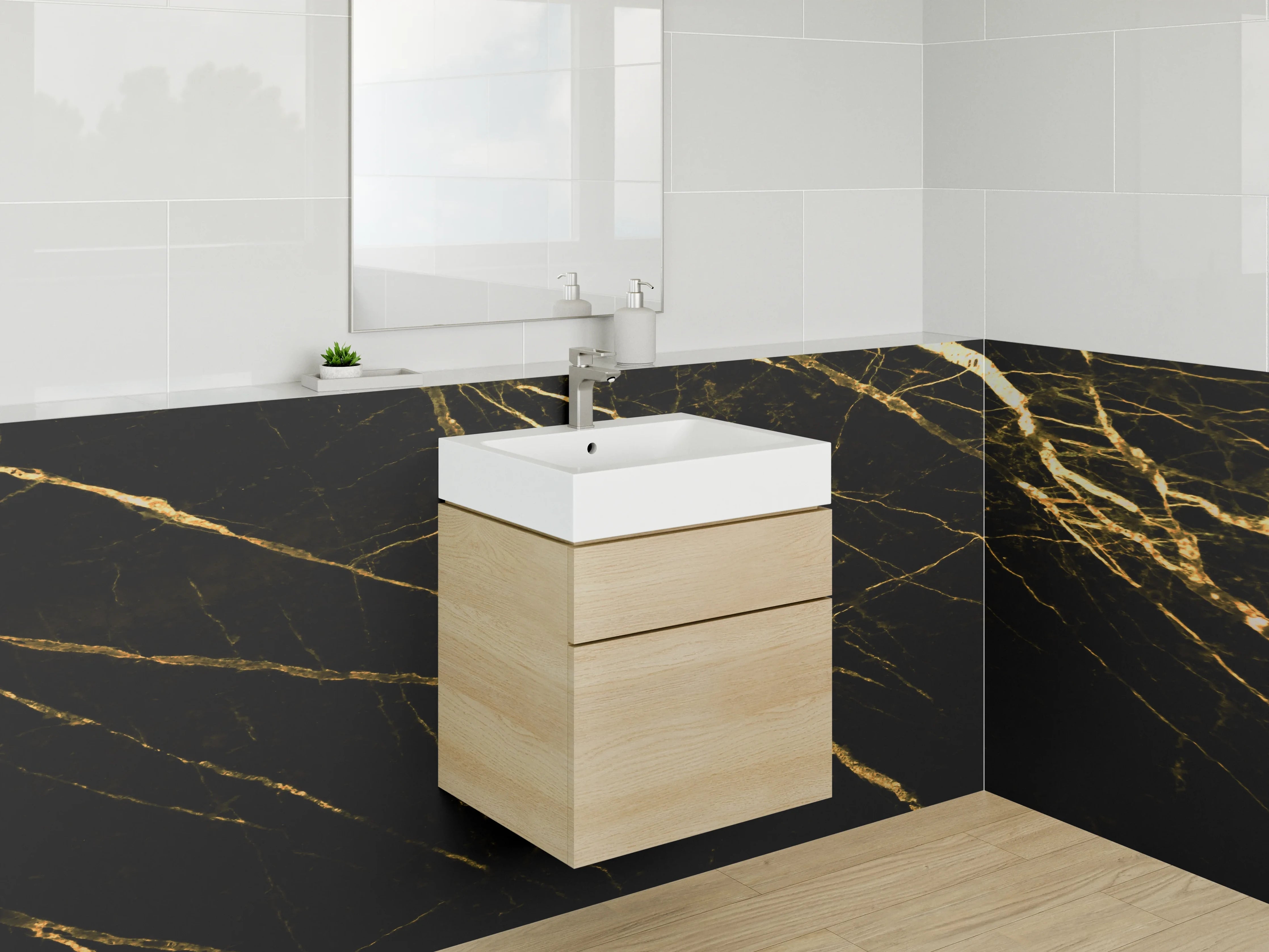 Waschbecken-Rückwand - Eleganter schwarzer Marmor mit goldenen Adern