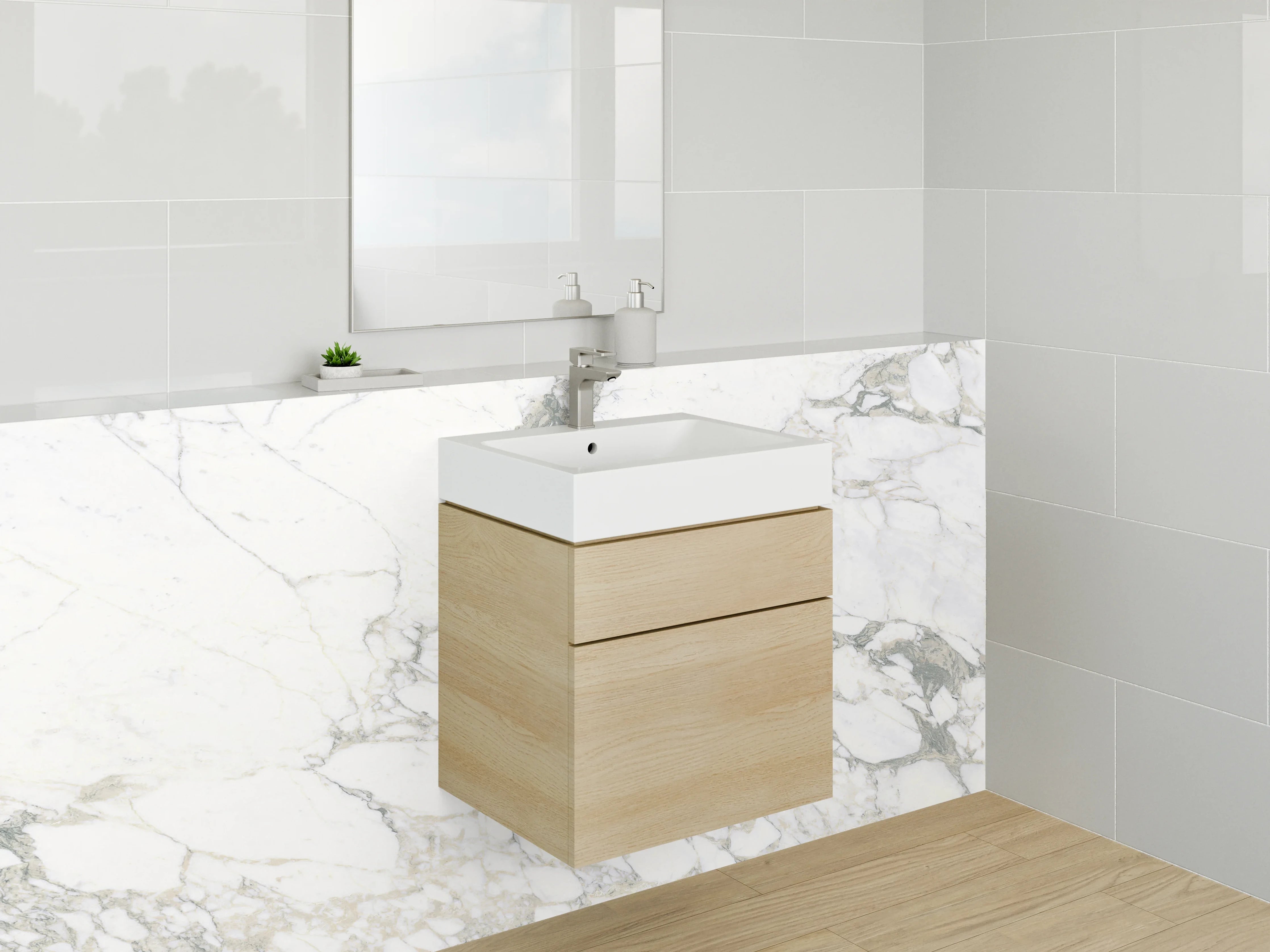 Waschbecken-Rückwand - Eleganter weiß-grauer Marmor Look