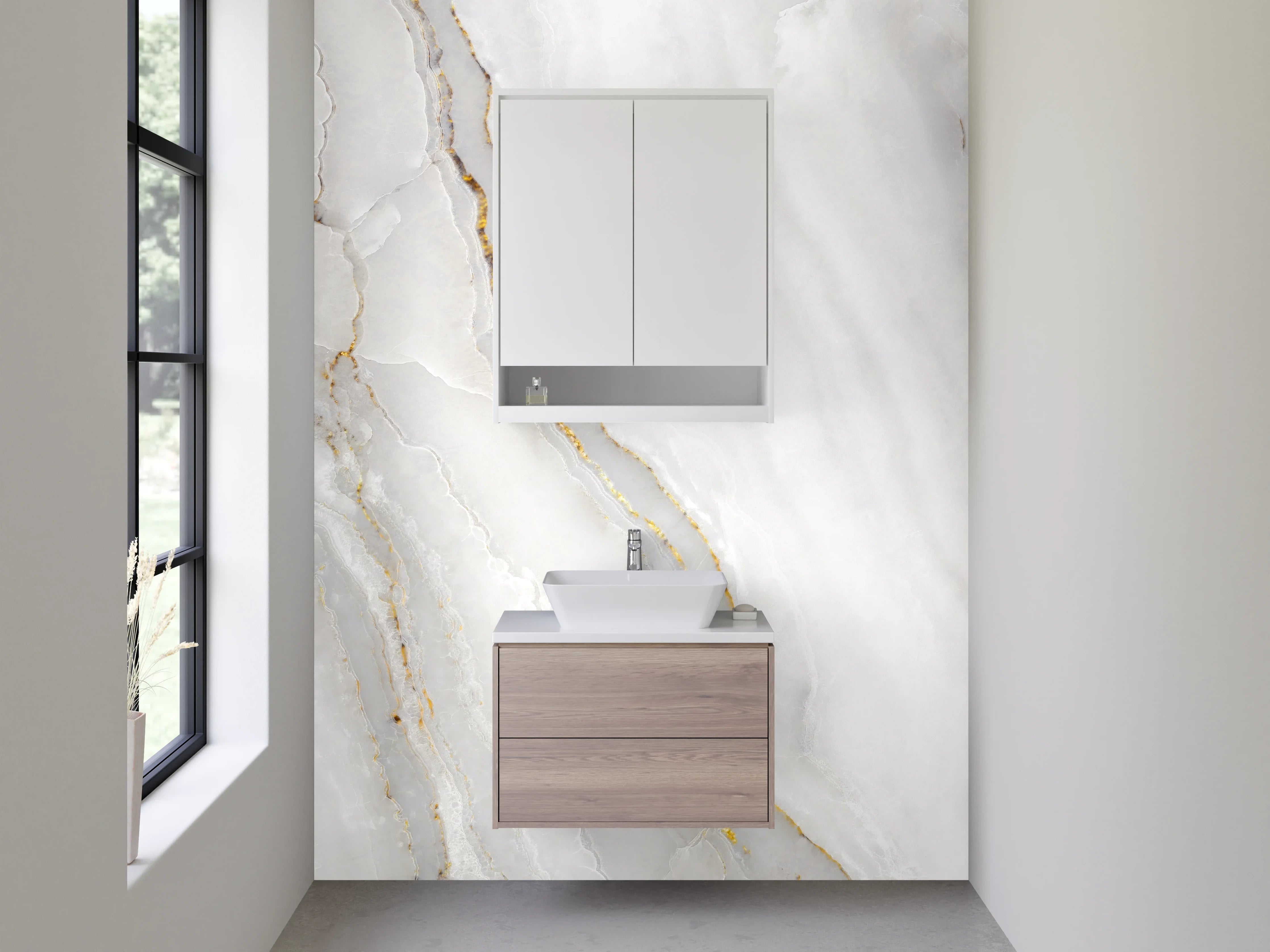 Waschbecken-Rückwand - Eleganter weiß-grauer Marmor mit Gold