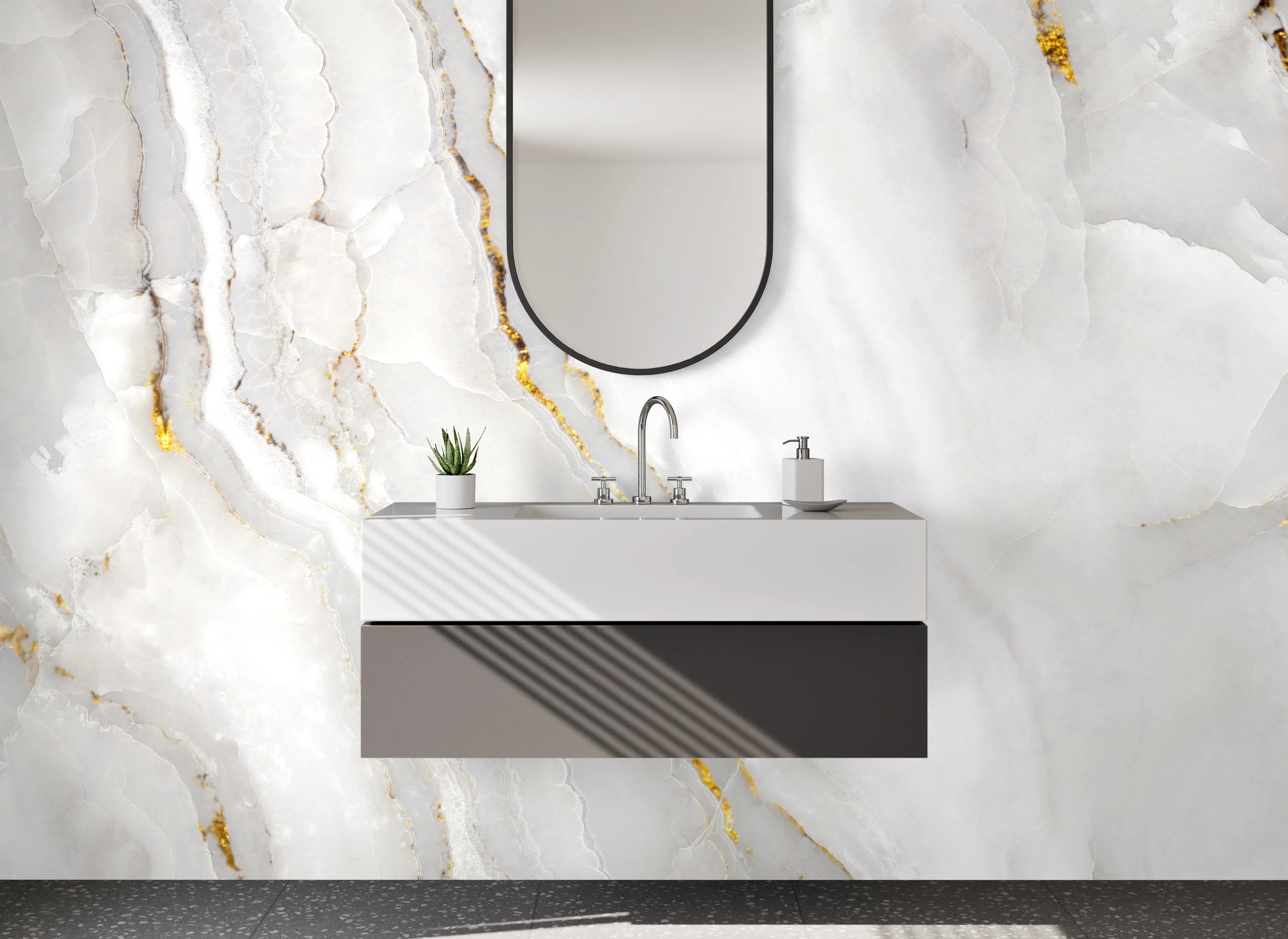 Waschbecken-Rückwand - Eleganter weiß-grauer Marmor mit Gold