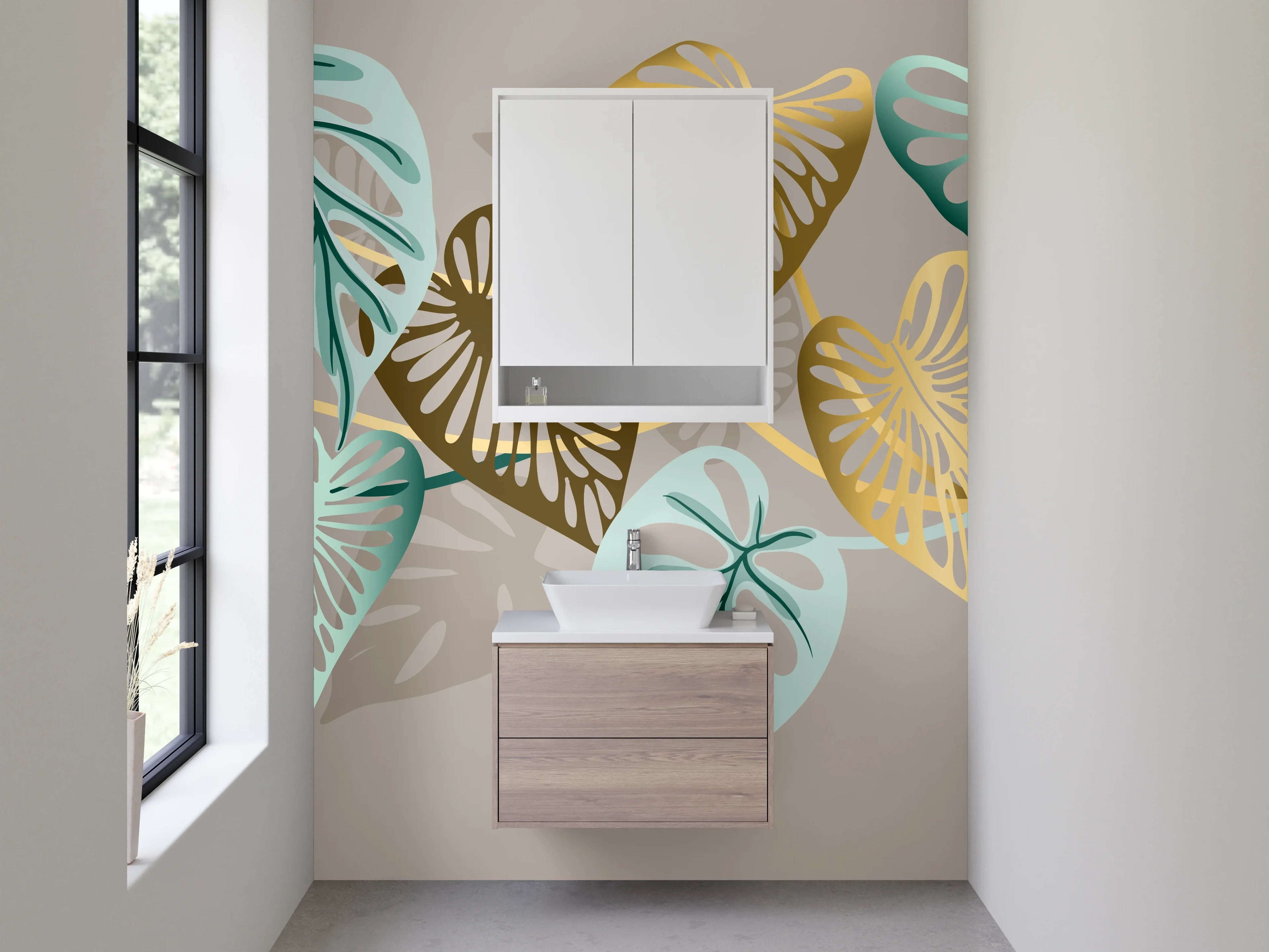 Waschbecken-Rückwand - Elegantes Blätter-Design in Gold und Türkis