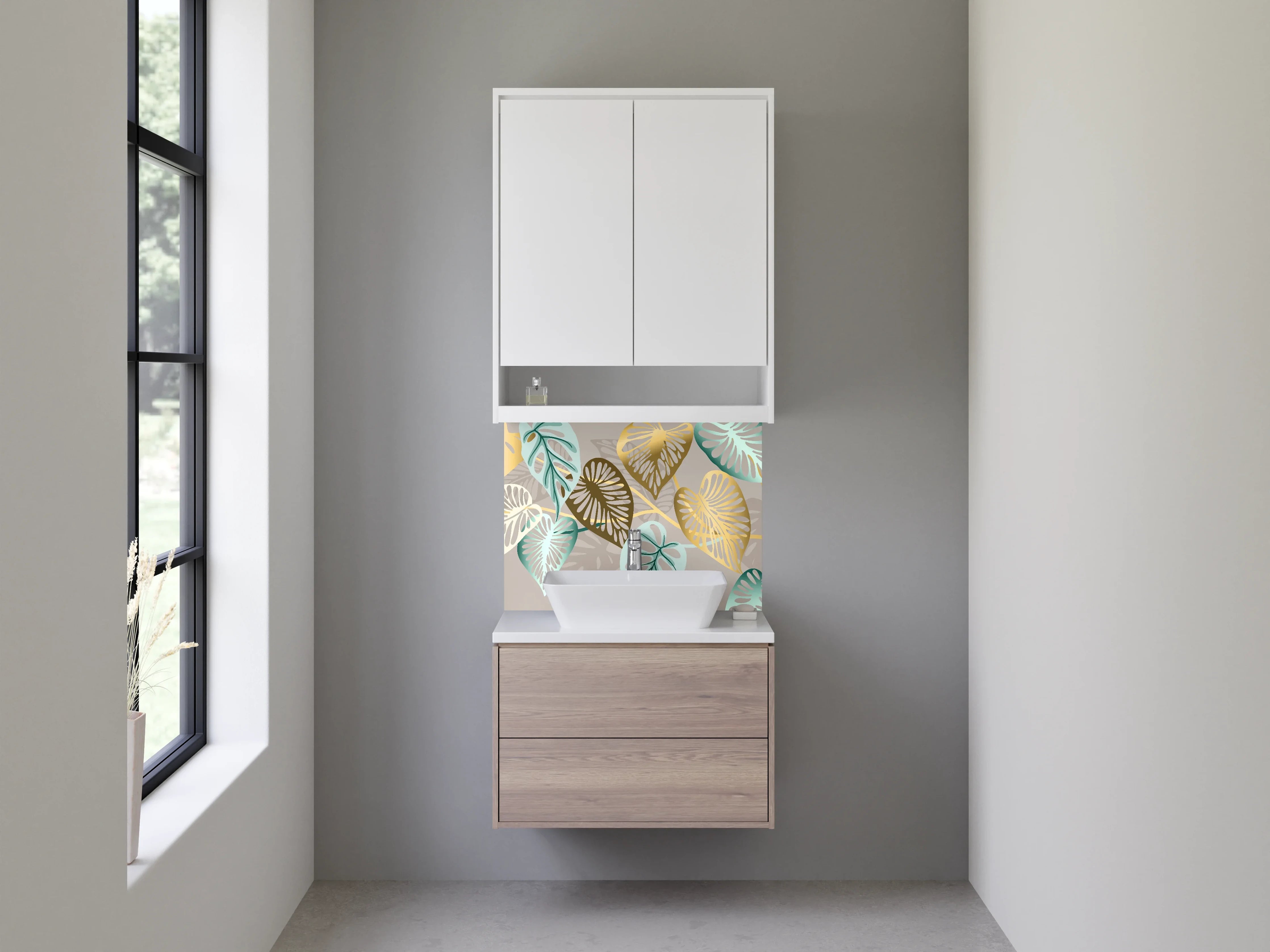 Waschbecken-Rückwand - Elegantes Blätter-Design in Gold und Türkis