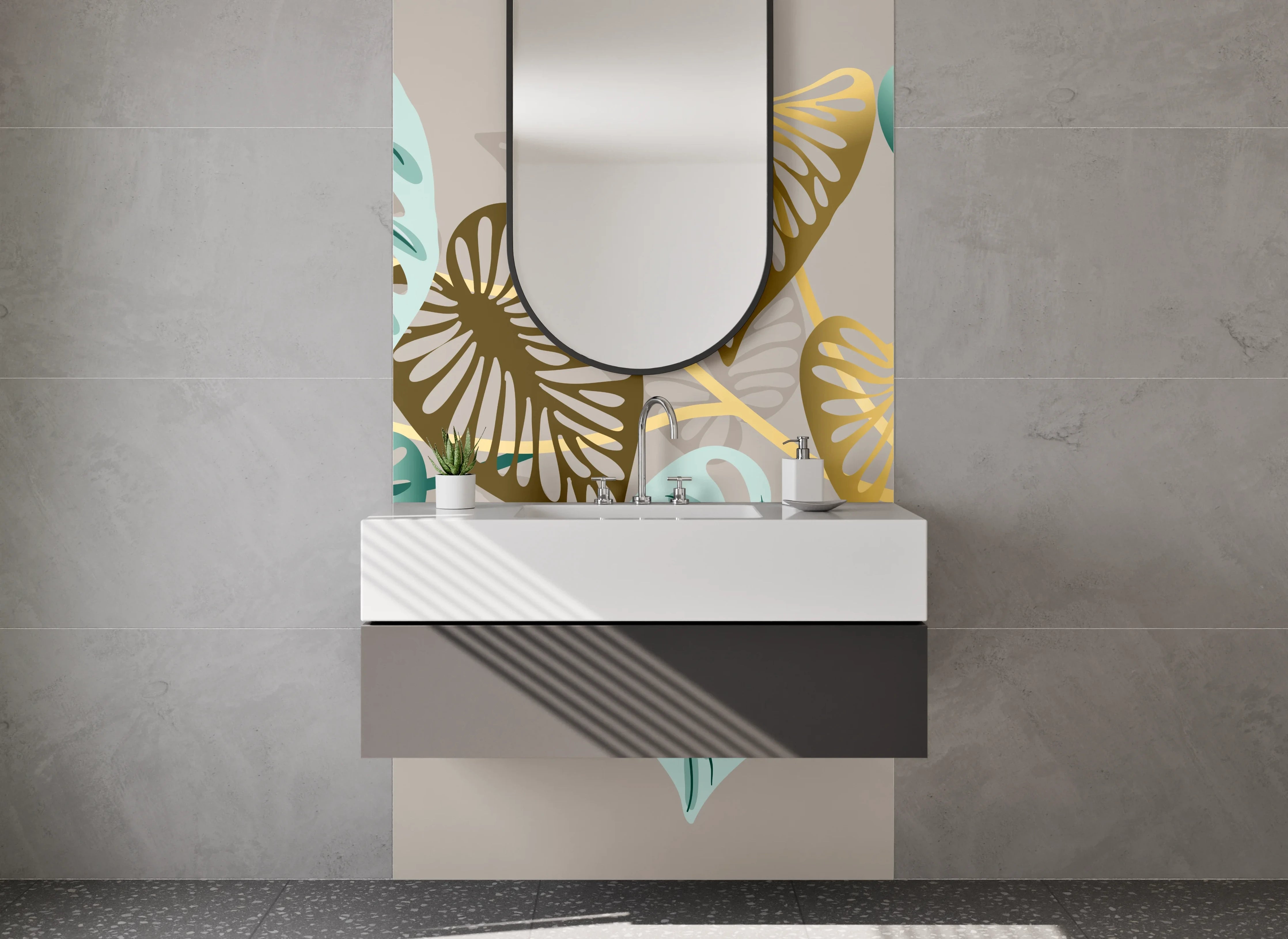 Waschbecken-Rückwand - Elegantes Blätter-Design in Gold und Türkis