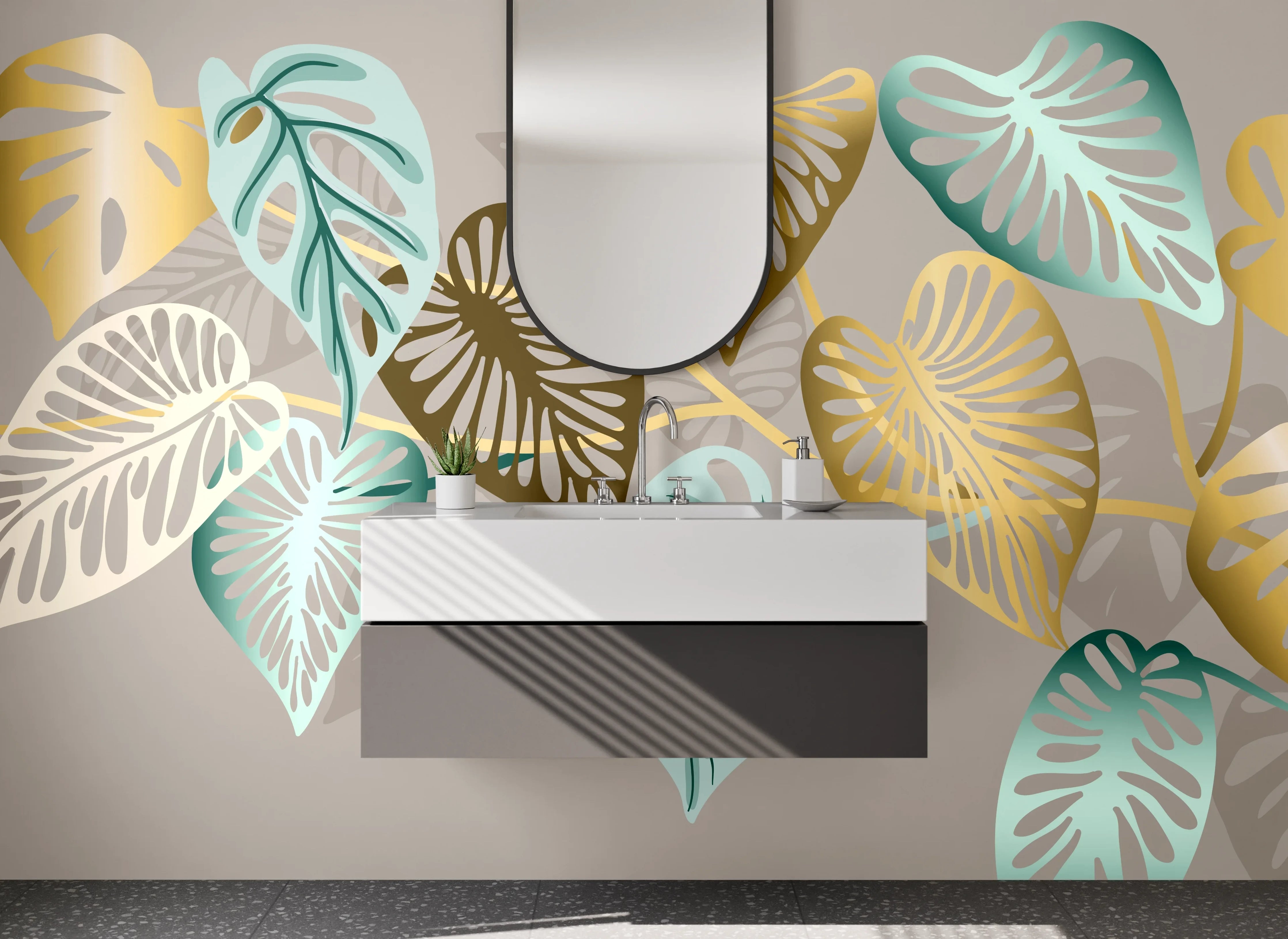 Waschbecken-Rückwand - Elegantes Blätter-Design in Gold und Türkis