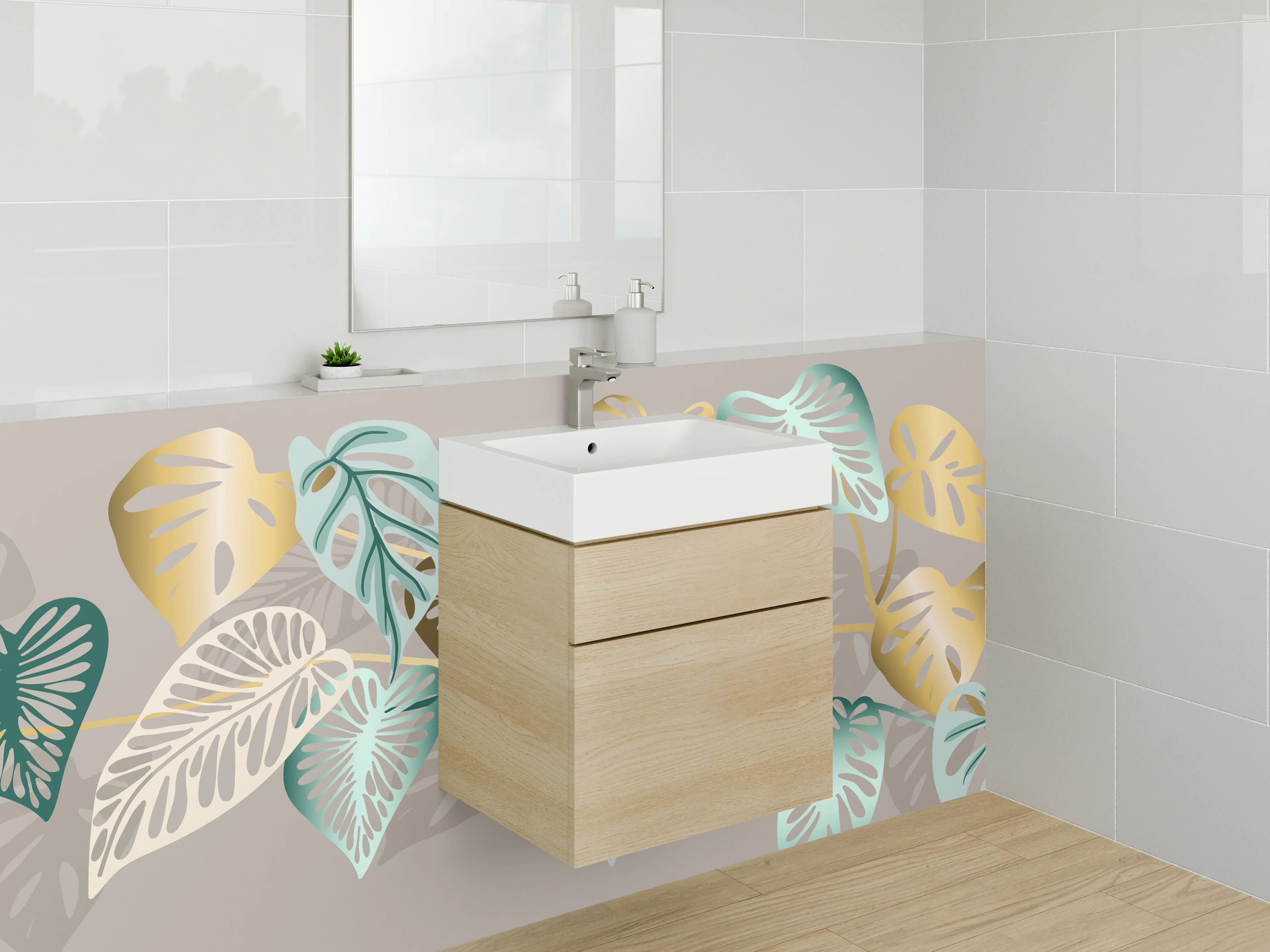 Waschbecken-Rückwand - Elegantes Blätter-Design in Gold und Türkis
