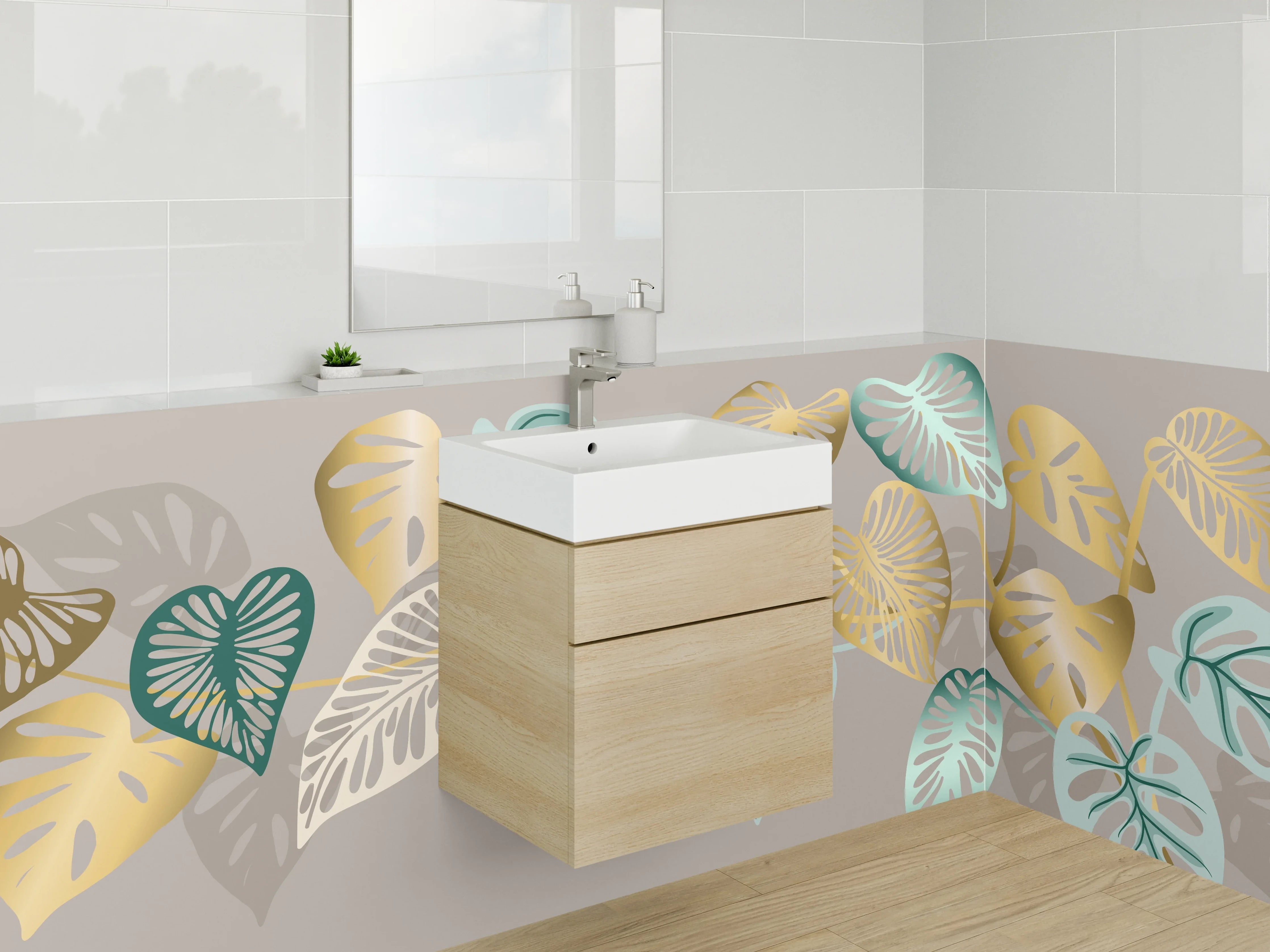 Waschbecken-Rückwand - Elegantes Blätter-Design in Gold und Türkis