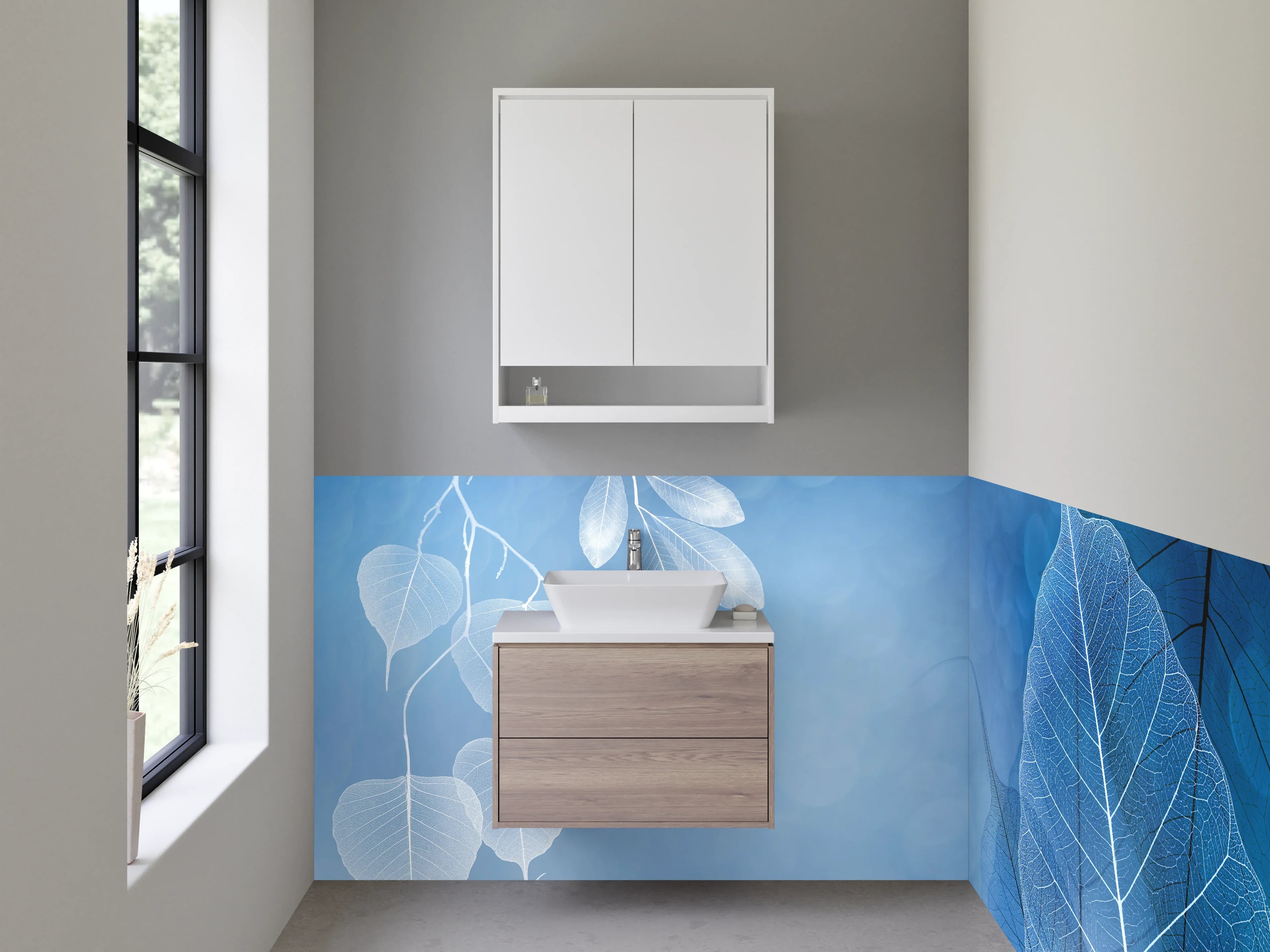 Waschbecken-Rückwand - Elegantes Blattmuster in Blau-Weiß